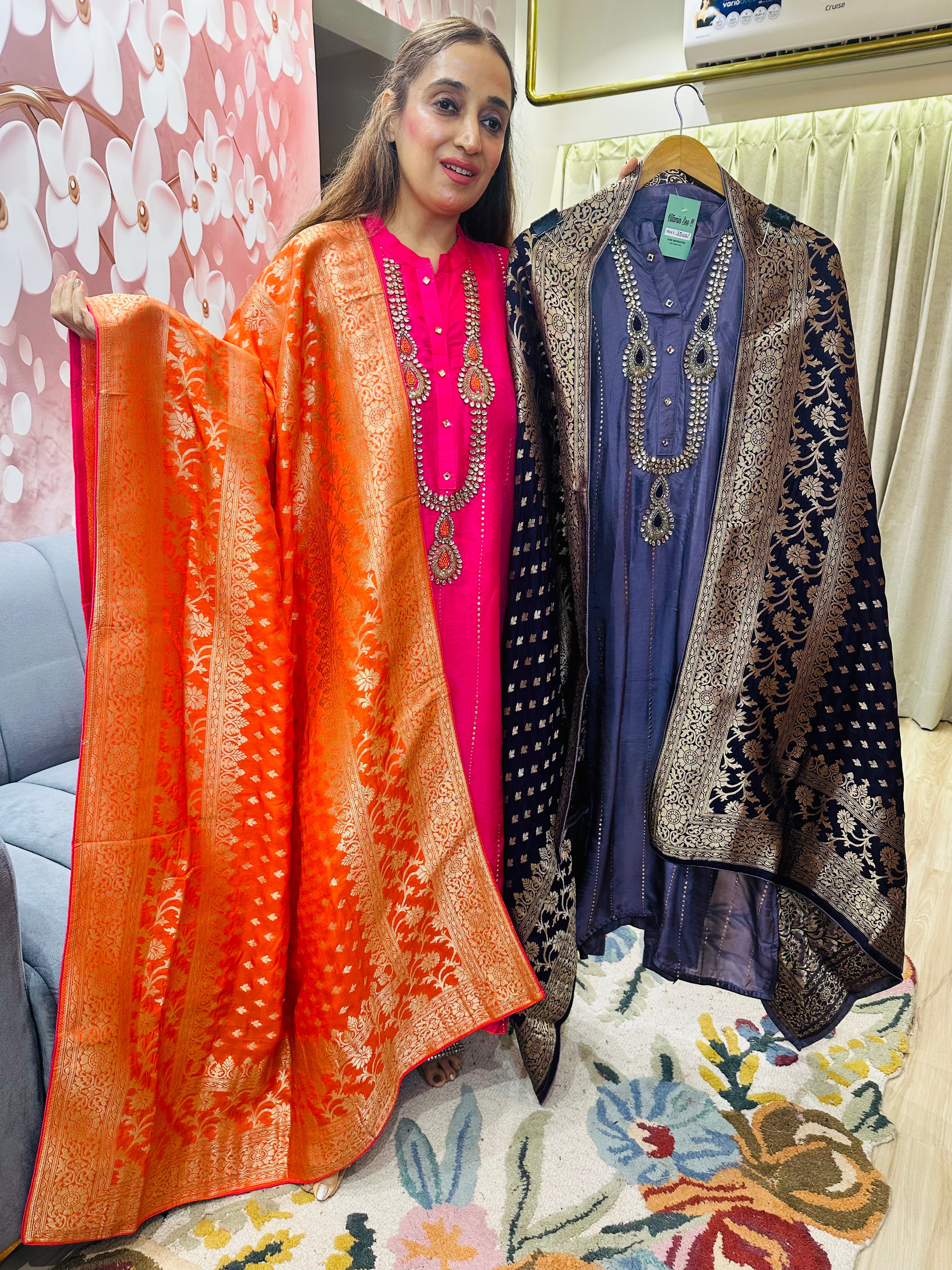UNSTITCHED SILK KUNDAN WORK SUITS WITH BANARSI DUPATTAS.