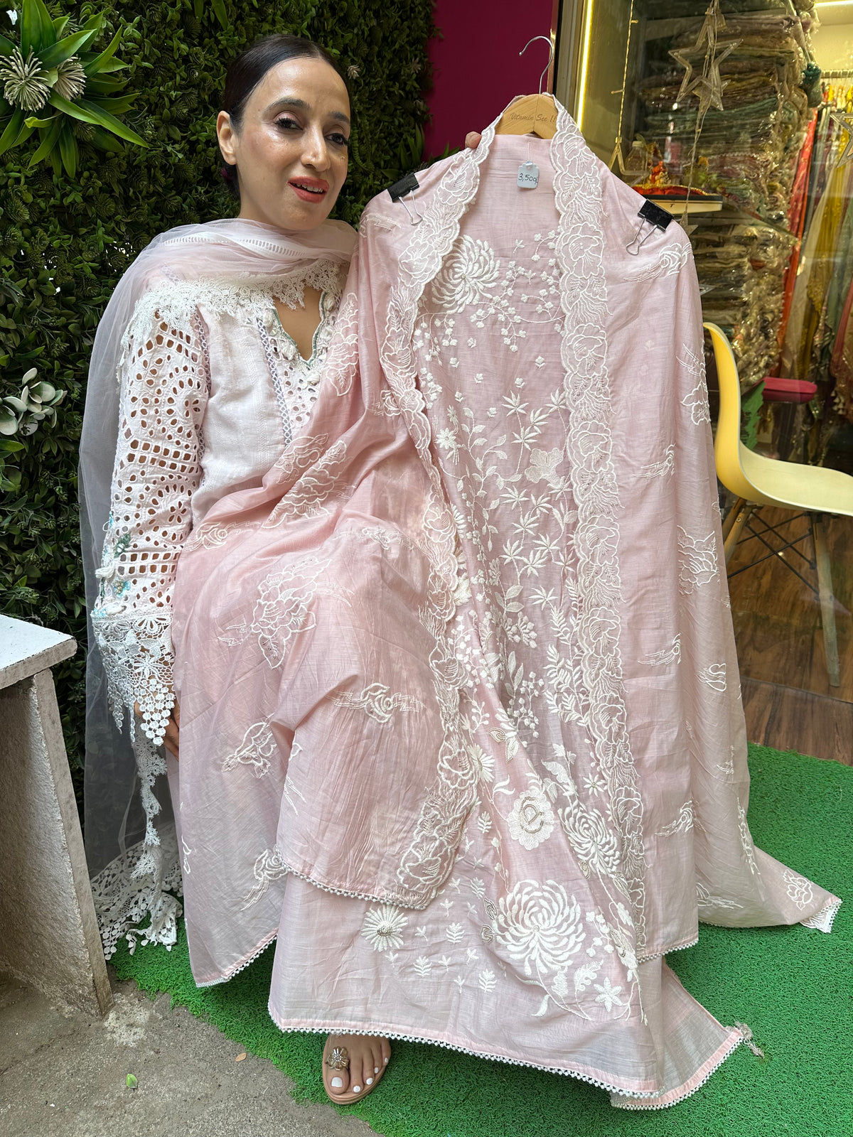 UNSTITCHED PURE MULMUL CHANDERI RESHAM WORK SUITS.