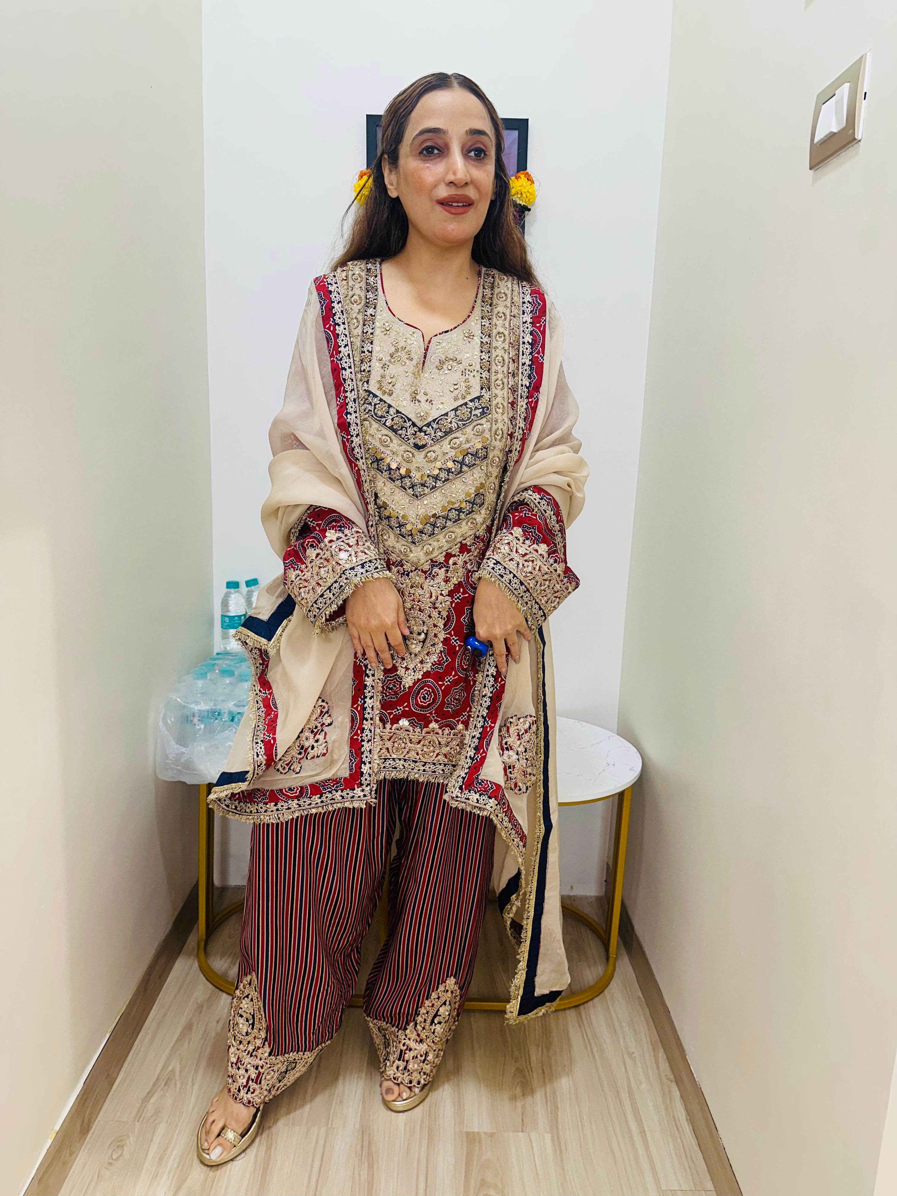 STITCHED PURE CHINON AJRAK PRINTING HANDWORK SUITS WITH FARSHI SALWAR.