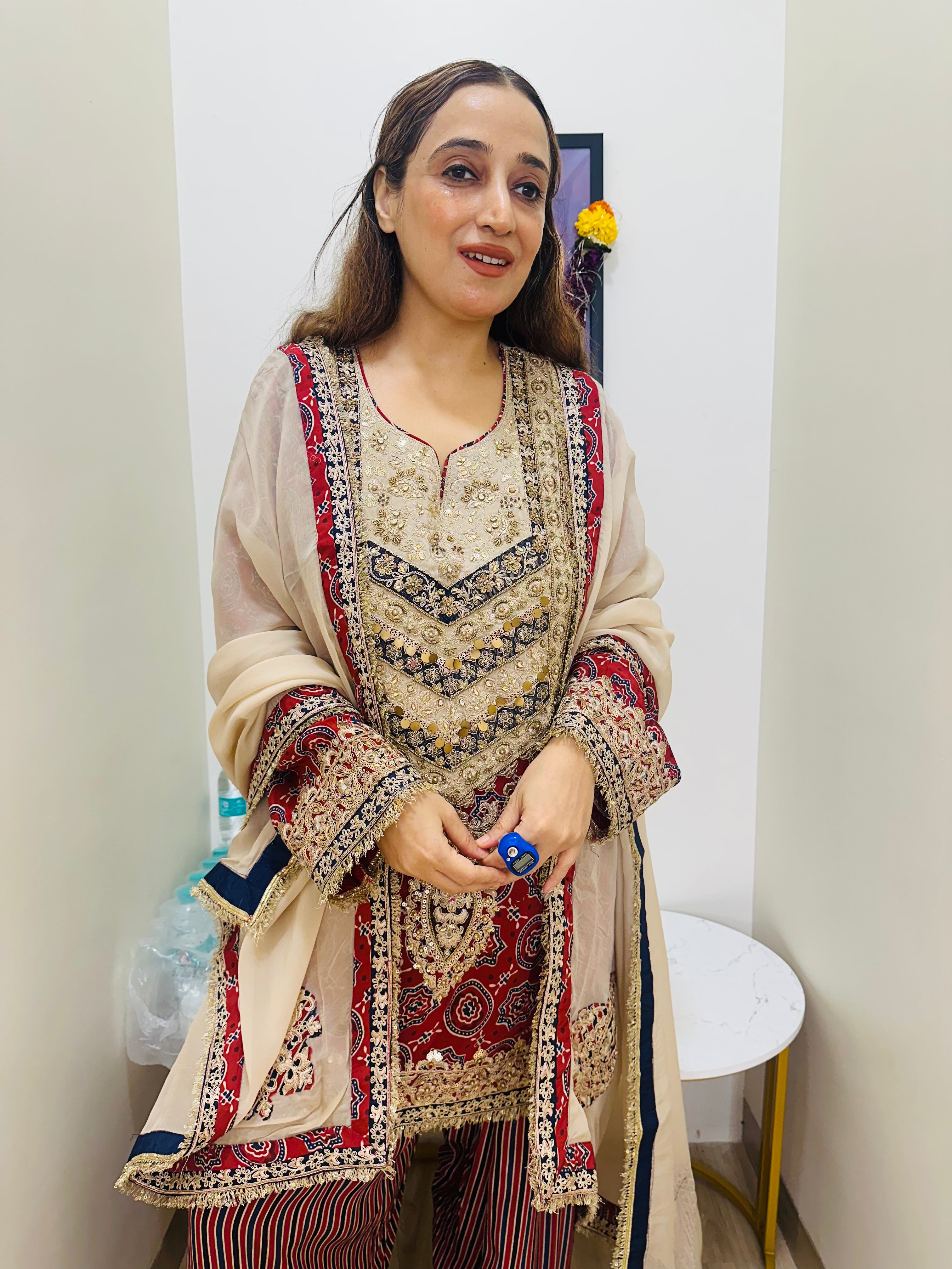 STITCHED PURE CHINON AJRAK PRINTING HANDWORK SUITS WITH FARSHI SALWAR.