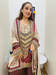 STITCHED PURE CHINON AJRAK PRINTING HANDWORK SUITS WITH FARSHI SALWAR.