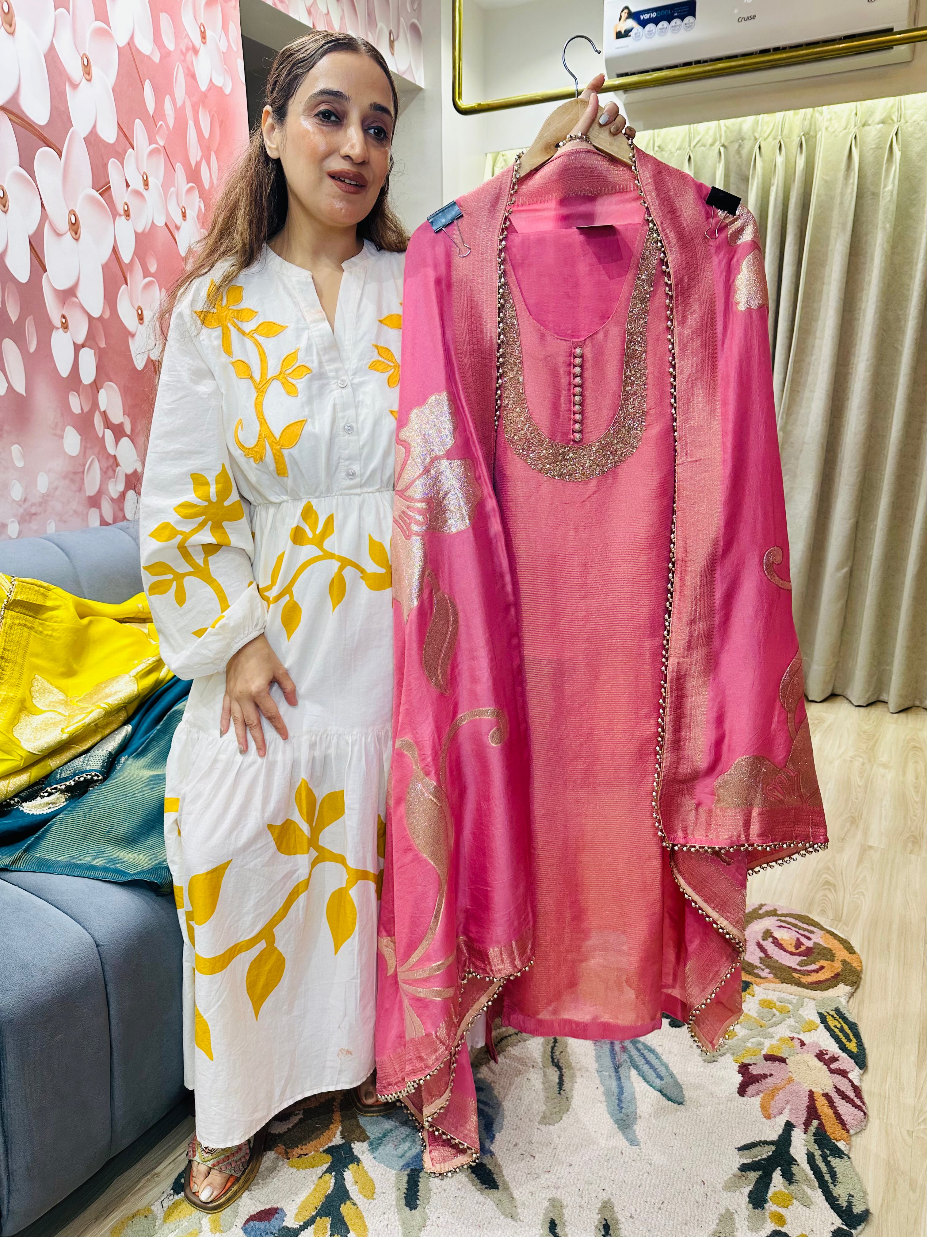 UNSTITCHED PURE SHIMMER SILK NALKI WORK SUITS