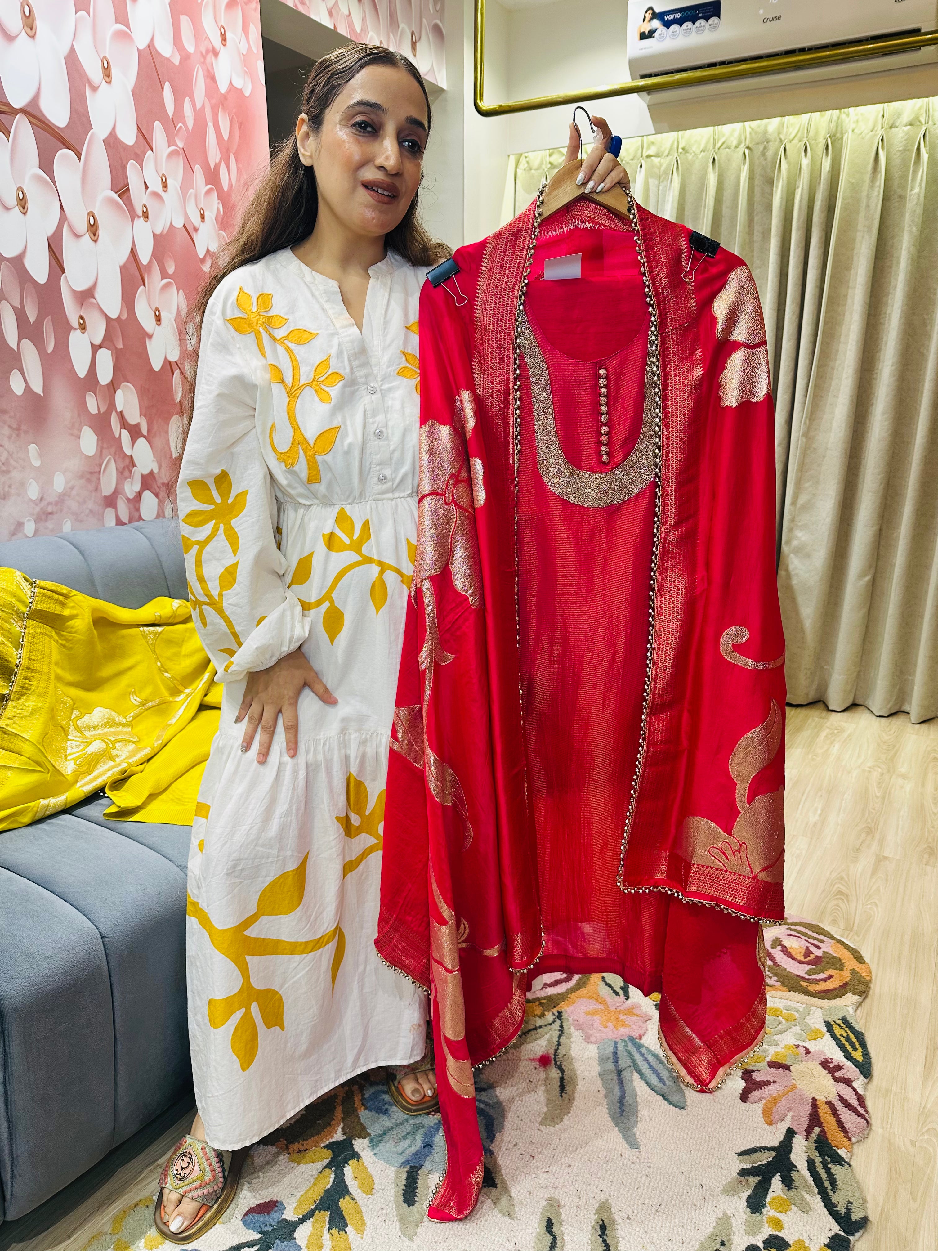 UNSTITCHED PURE SHIMMER SILK NALKI WORK SUITS