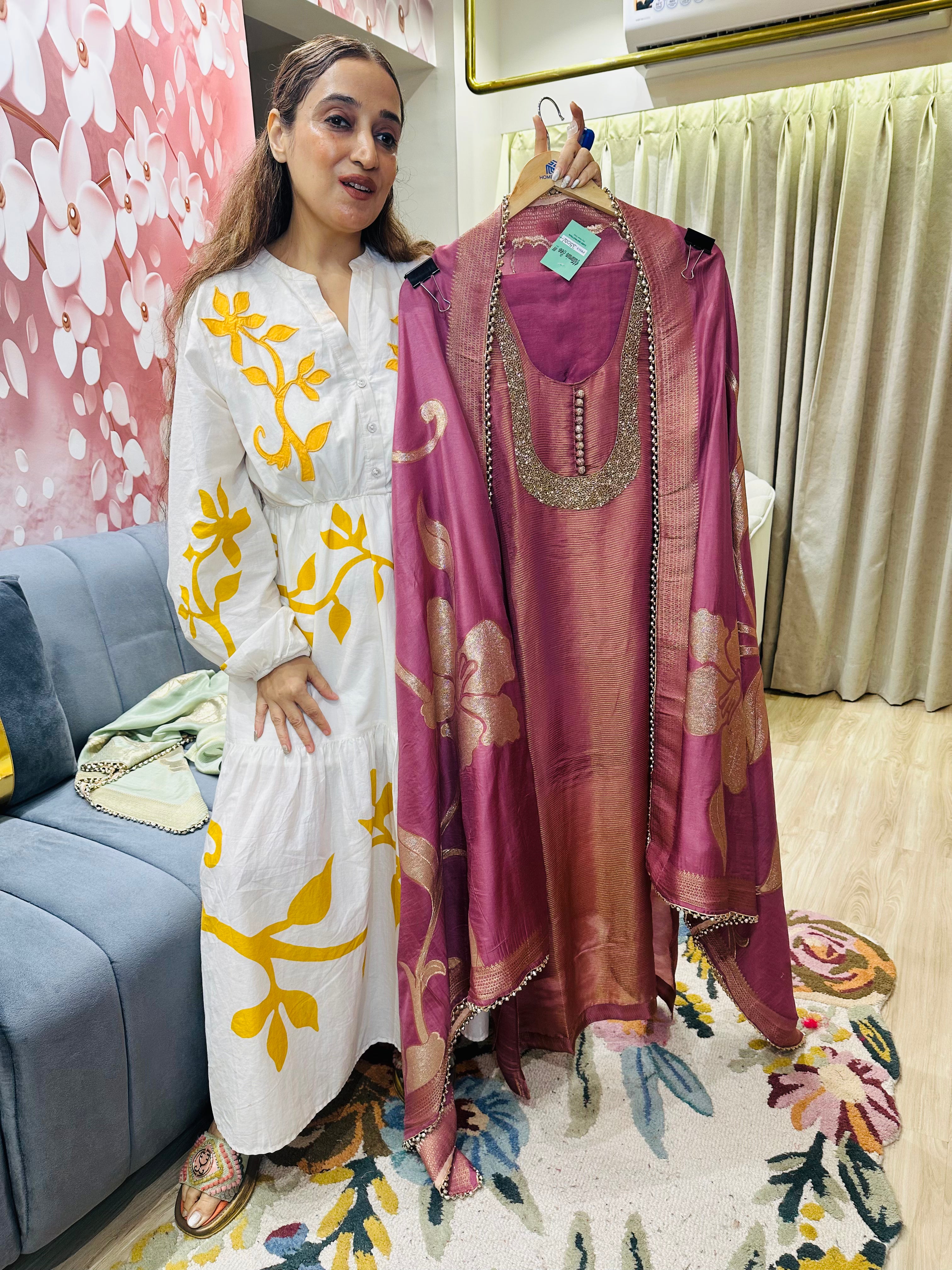 UNSTITCHED PURE SHIMMER SILK NALKI WORK SUITS