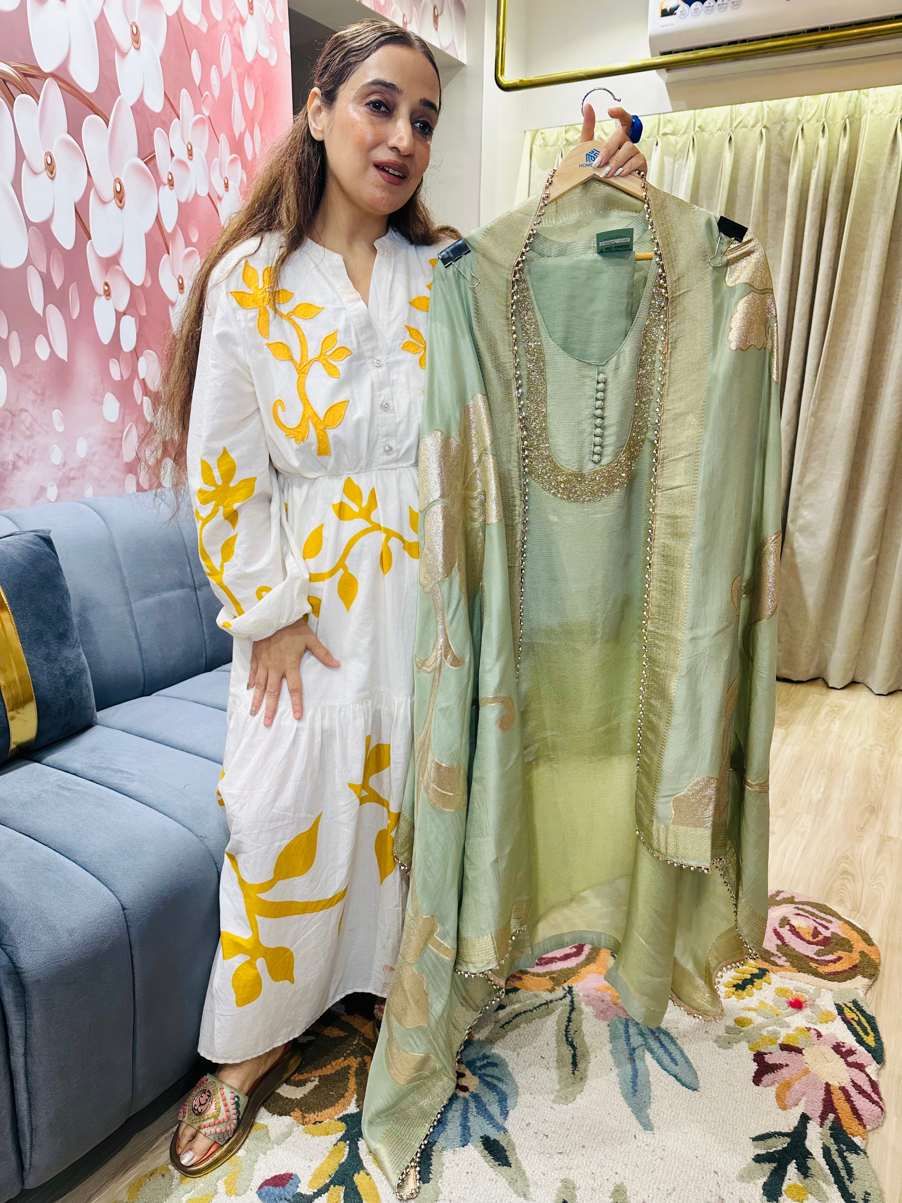 UNSTITCHED PURE SHIMMER SILK NALKI WORK SUITS