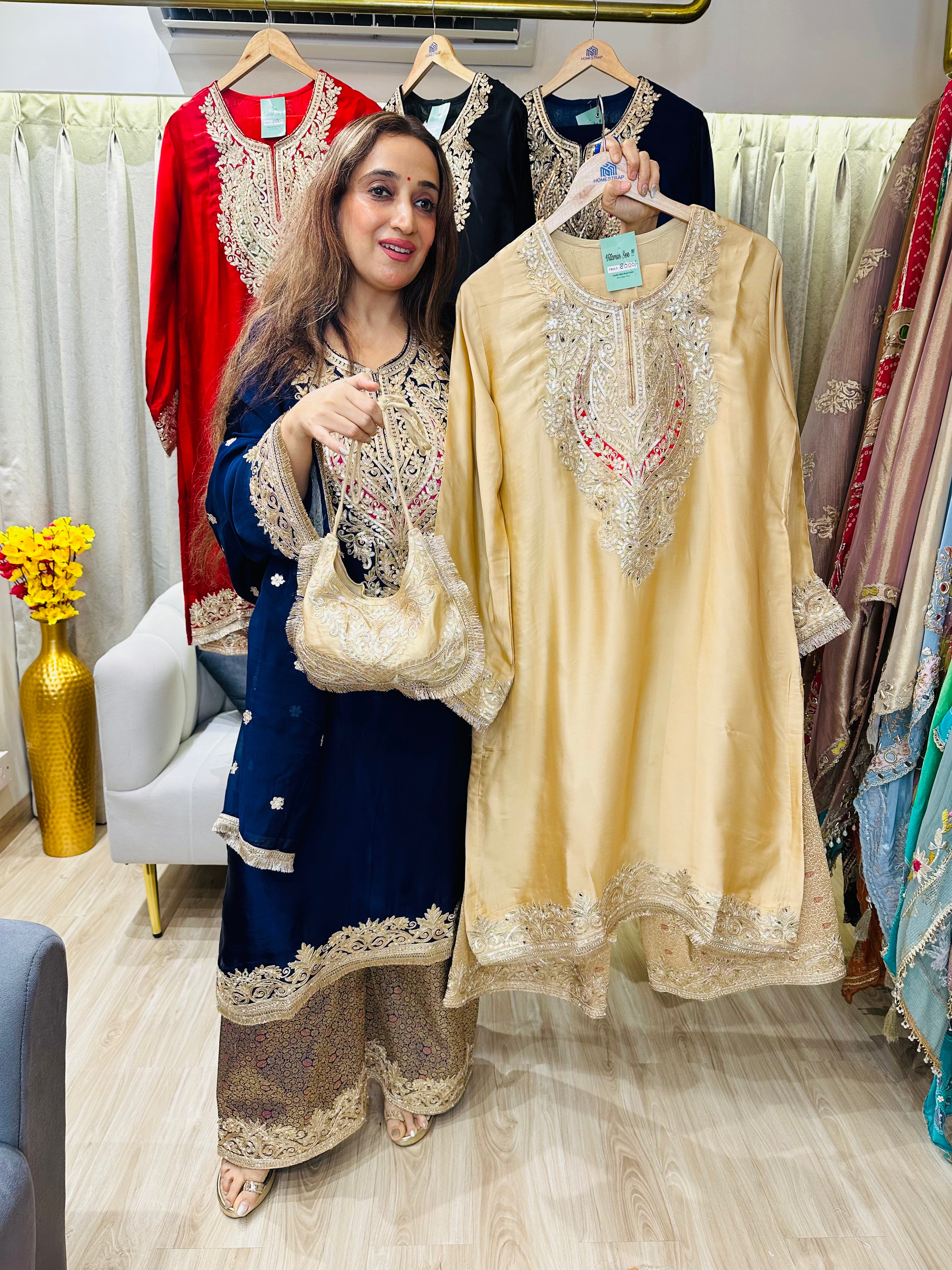 STITCHED PURE RUSSIAN SATIN ANTIQUE DABKA WORK SUITS WITH BROCADE PANTS AND POTLIS