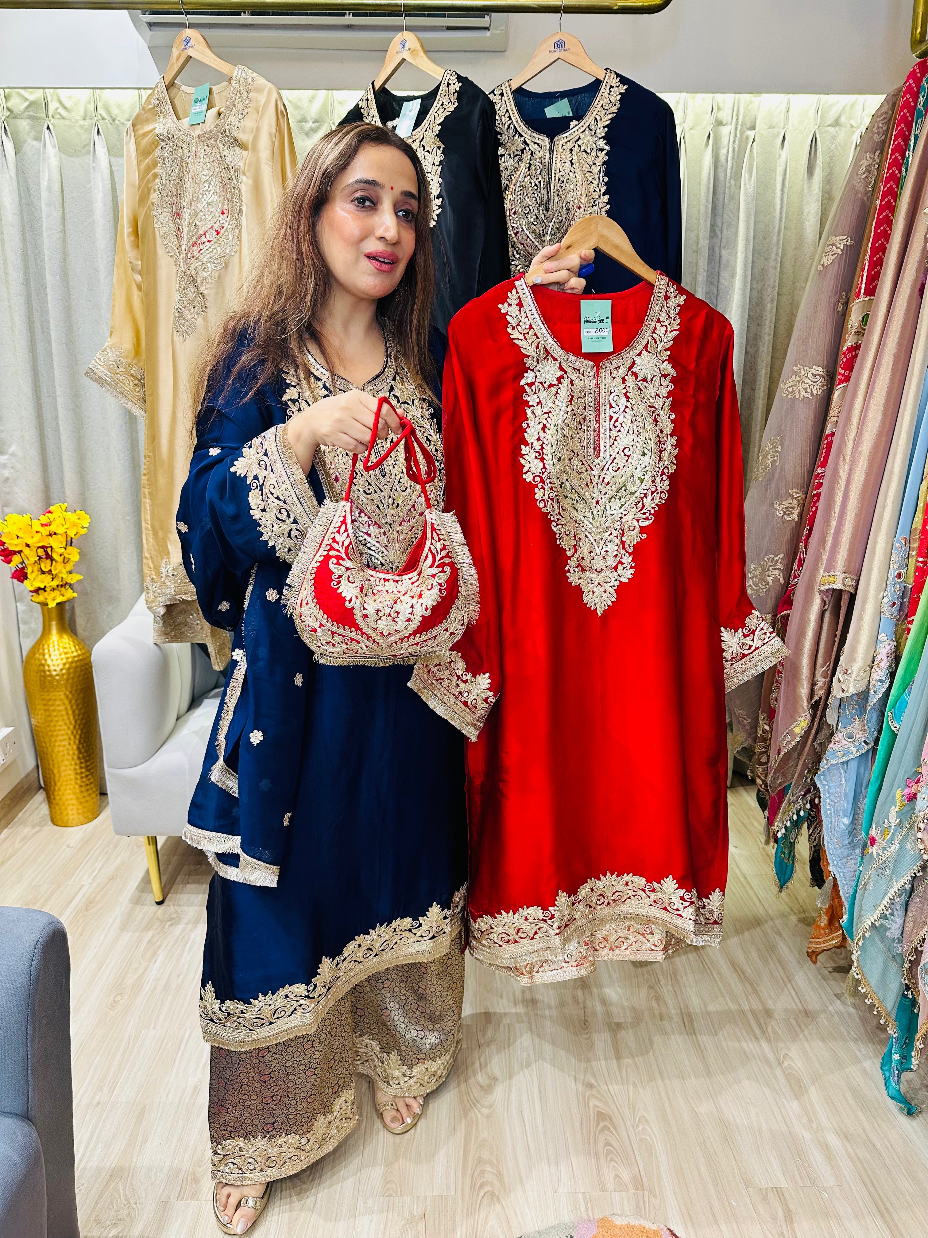 STITCHED PURE RUSSIAN SATIN ANTIQUE DABKA WORK SUITS WITH BROCADE PANTS AND POTLIS