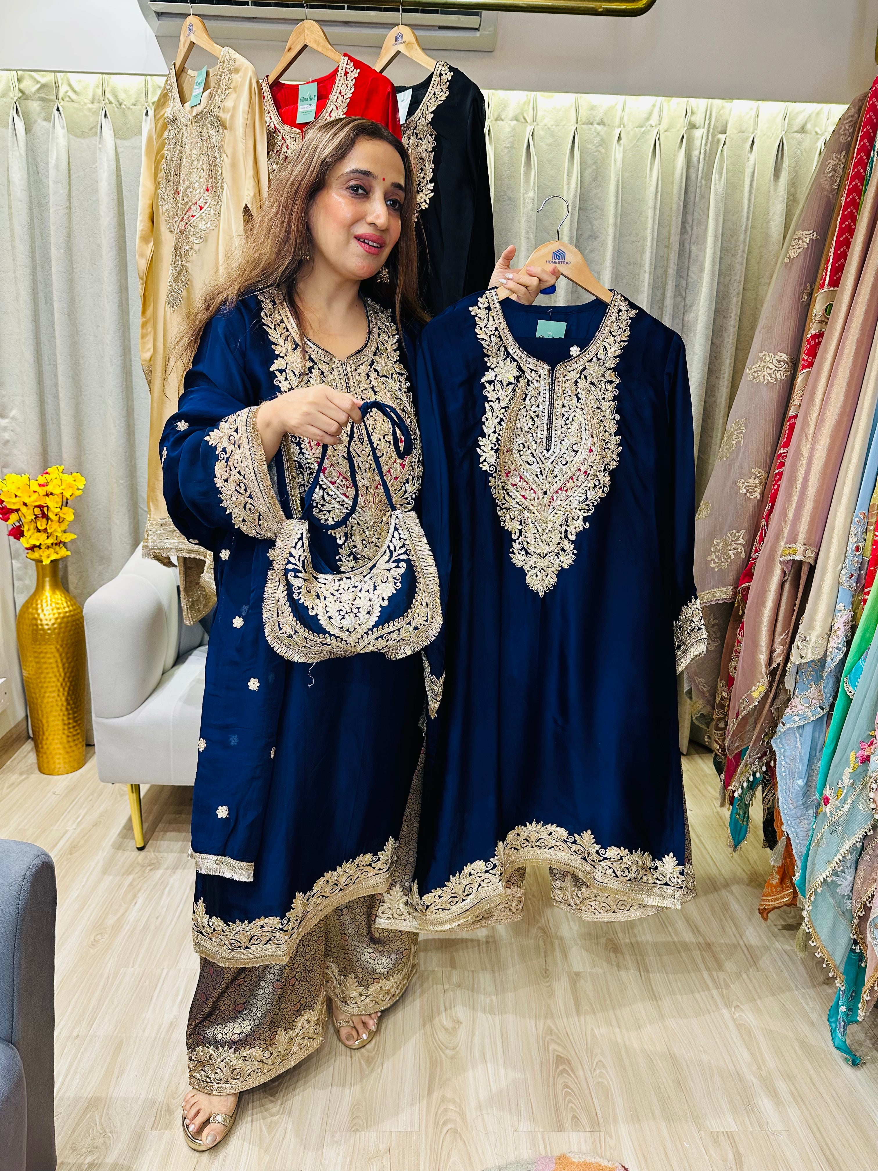 STITCHED PURE RUSSIAN SATIN ANTIQUE DABKA WORK SUITS WITH BROCADE PANTS AND POTLIS