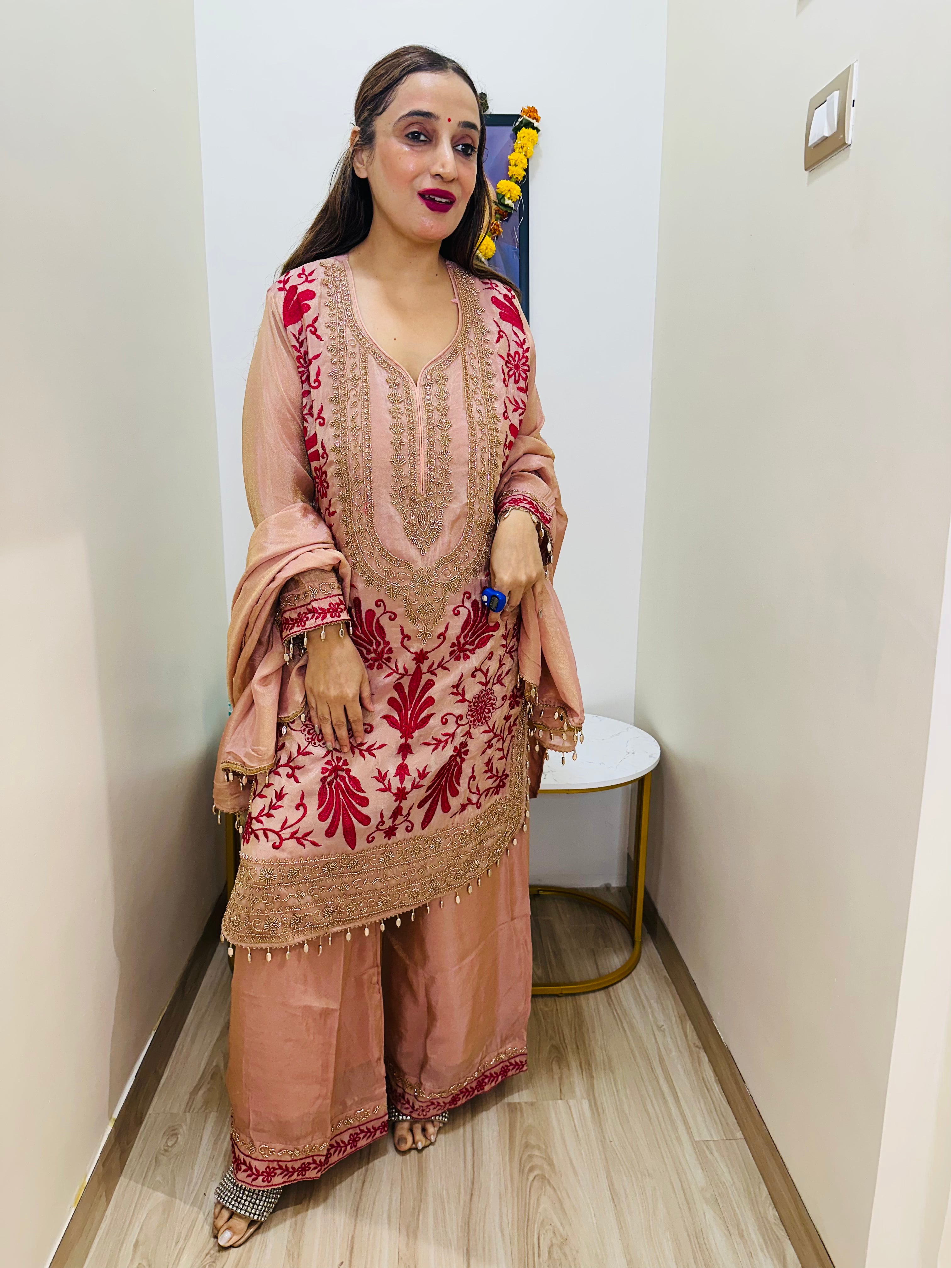 stitched pure TISSUE SILK PARSI WORK SUITS