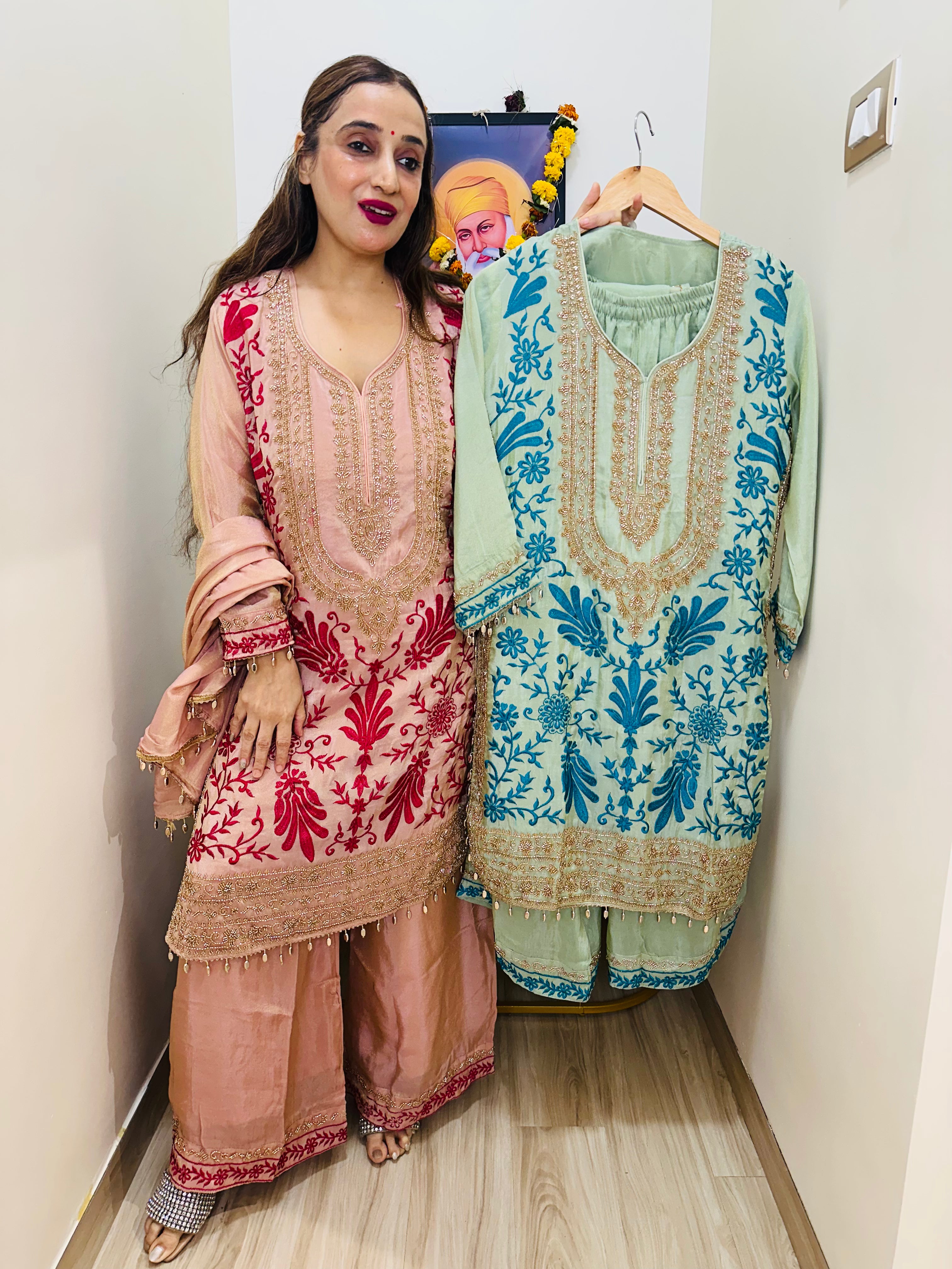 stitched pure TISSUE SILK PARSI WORK SUITS