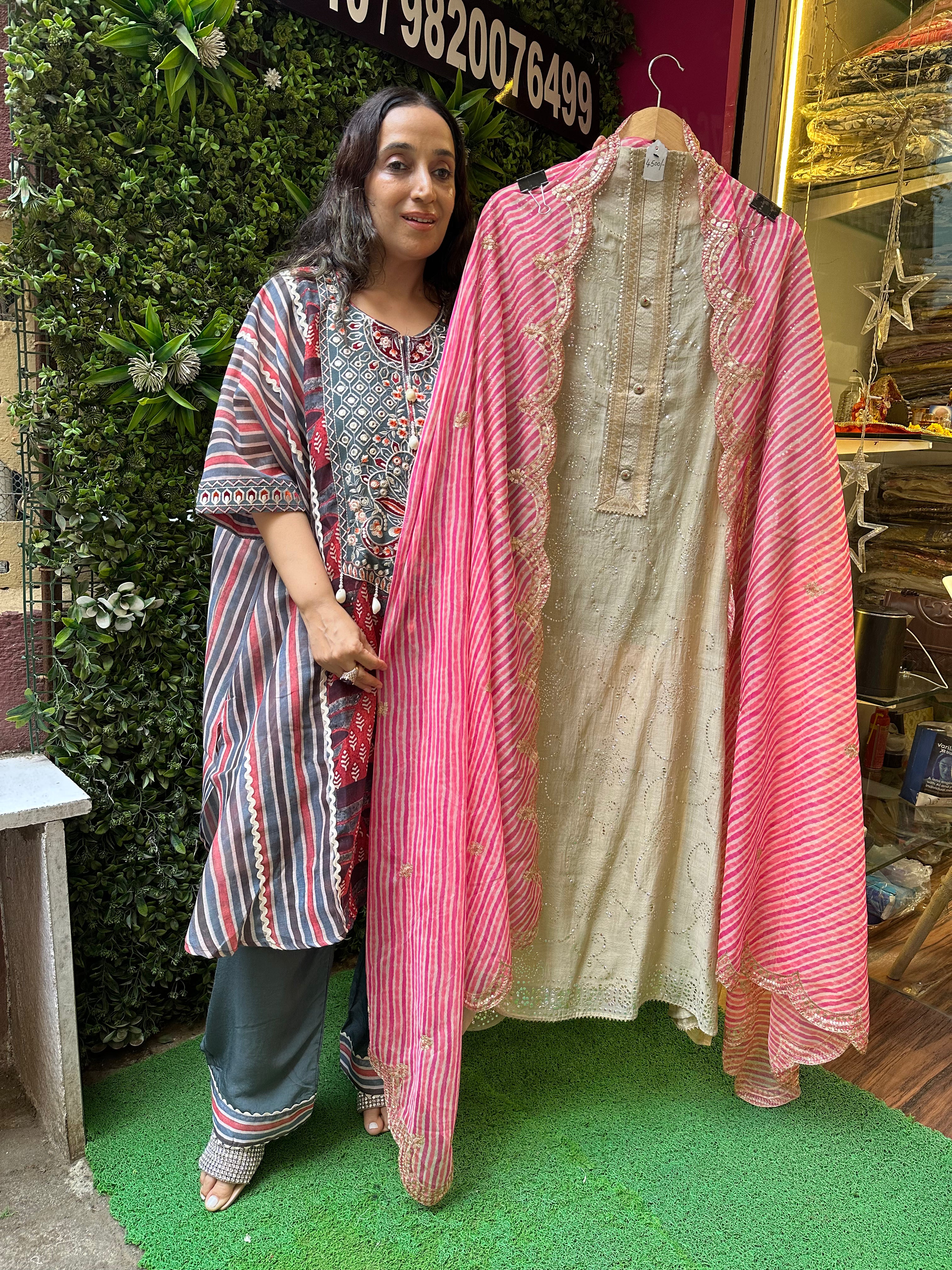 UNSTITCHED PURE MULMUL CHANDERI PITA WORK SUITS