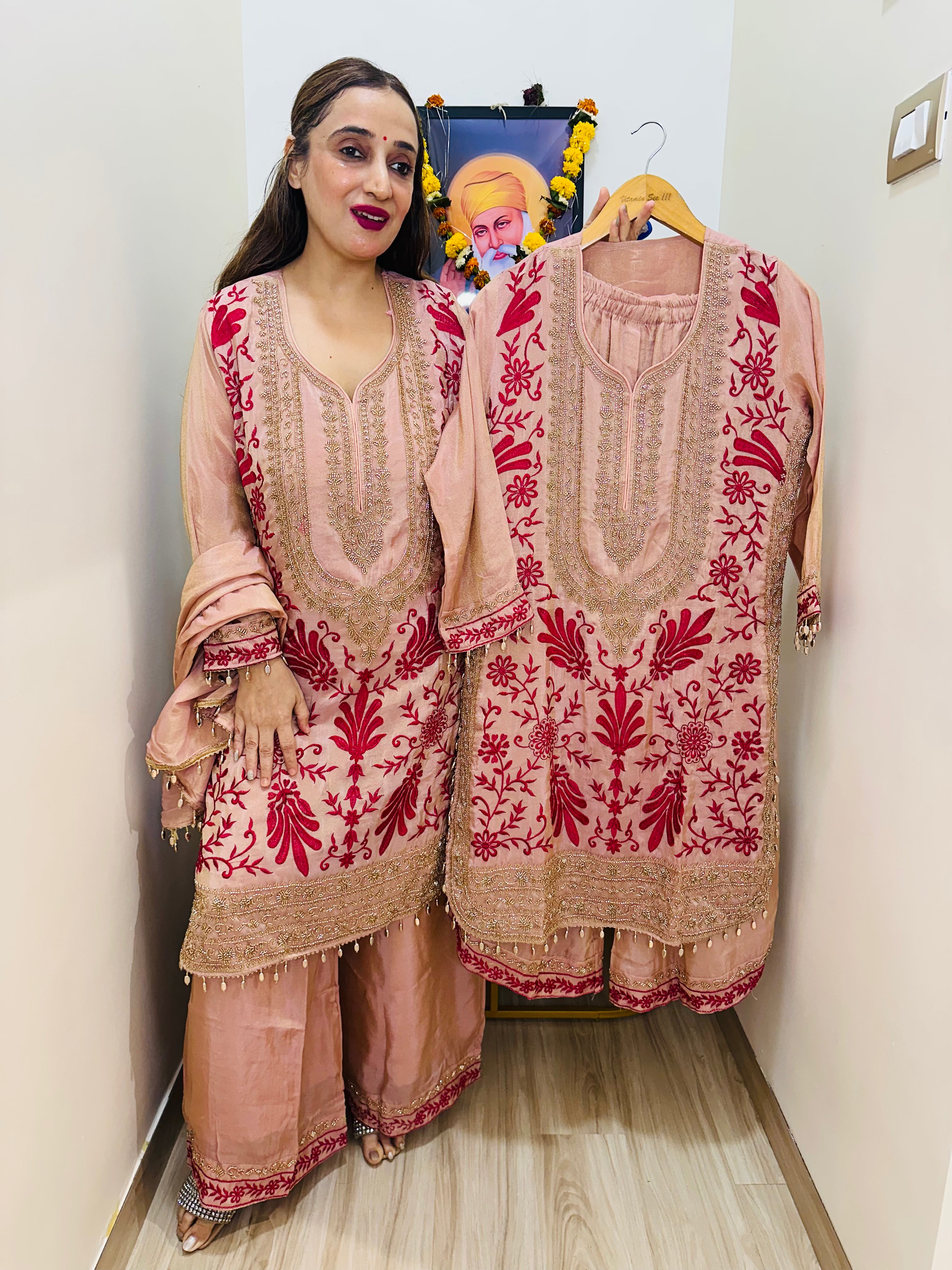 stitched pure TISSUE SILK PARSI WORK SUITS