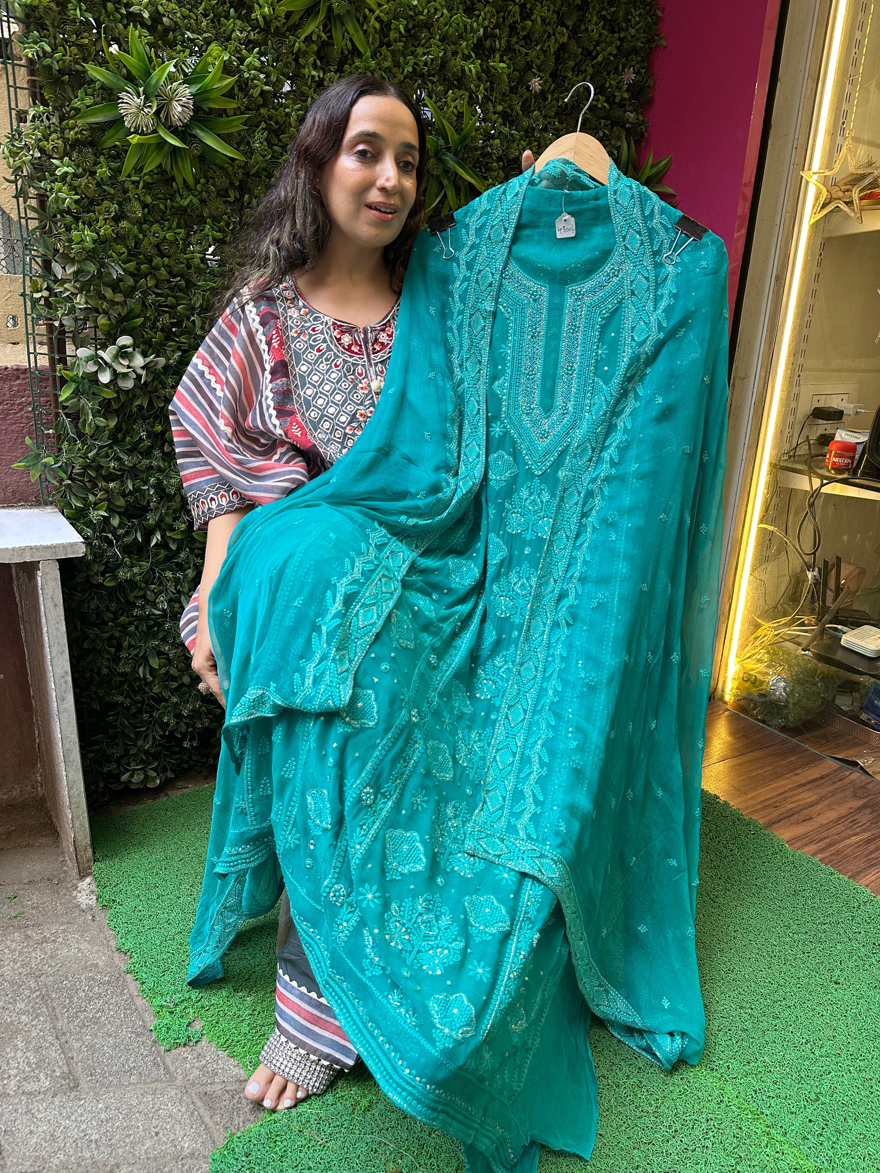 UNSTITCHED PURE GEORGETTE LUCKNOWI WORK PEARLS WORK SUITS.