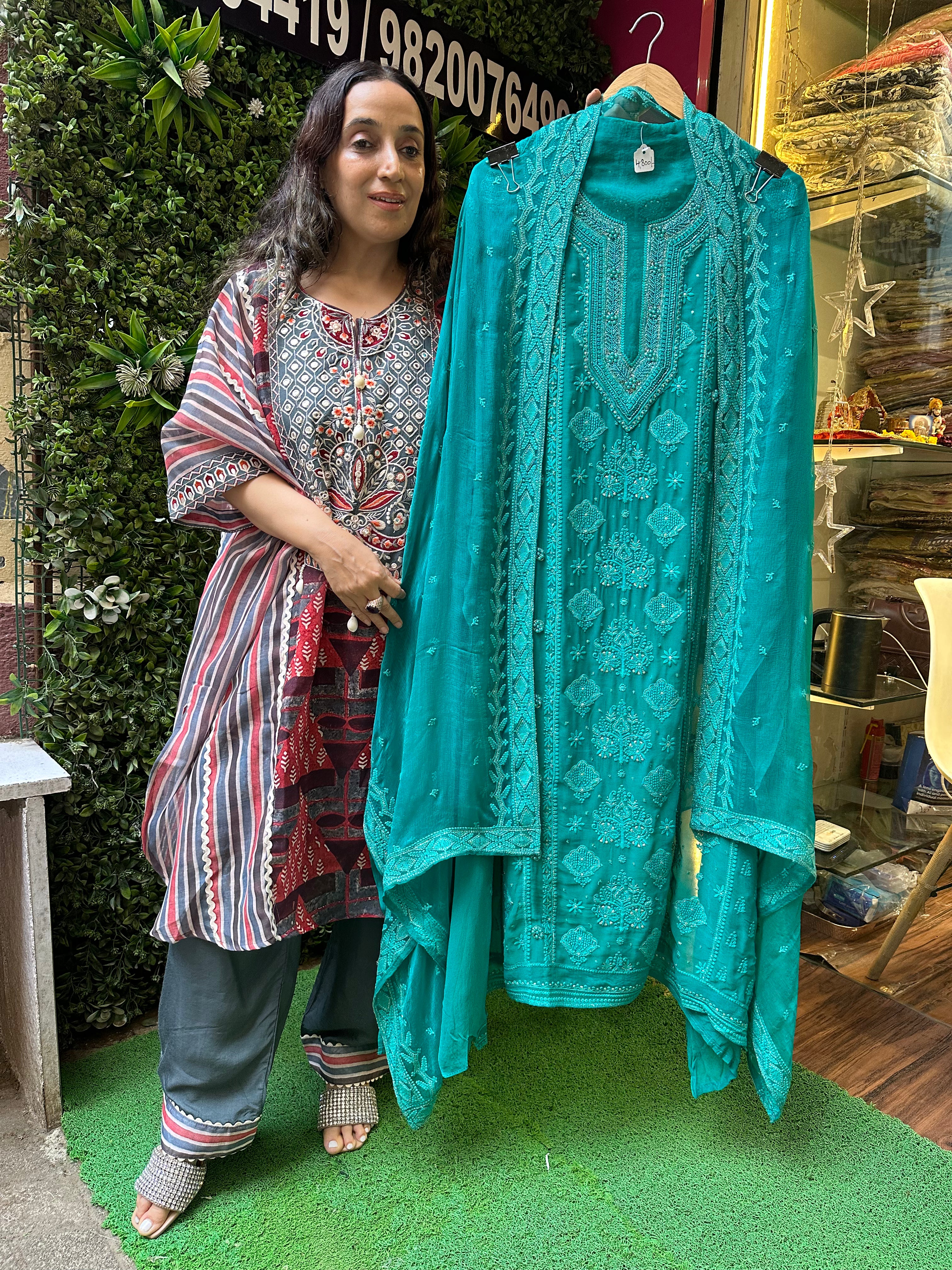 UNSTITCHED PURE GEORGETTE LUCKNOWI WORK PEARLS WORK SUITS.