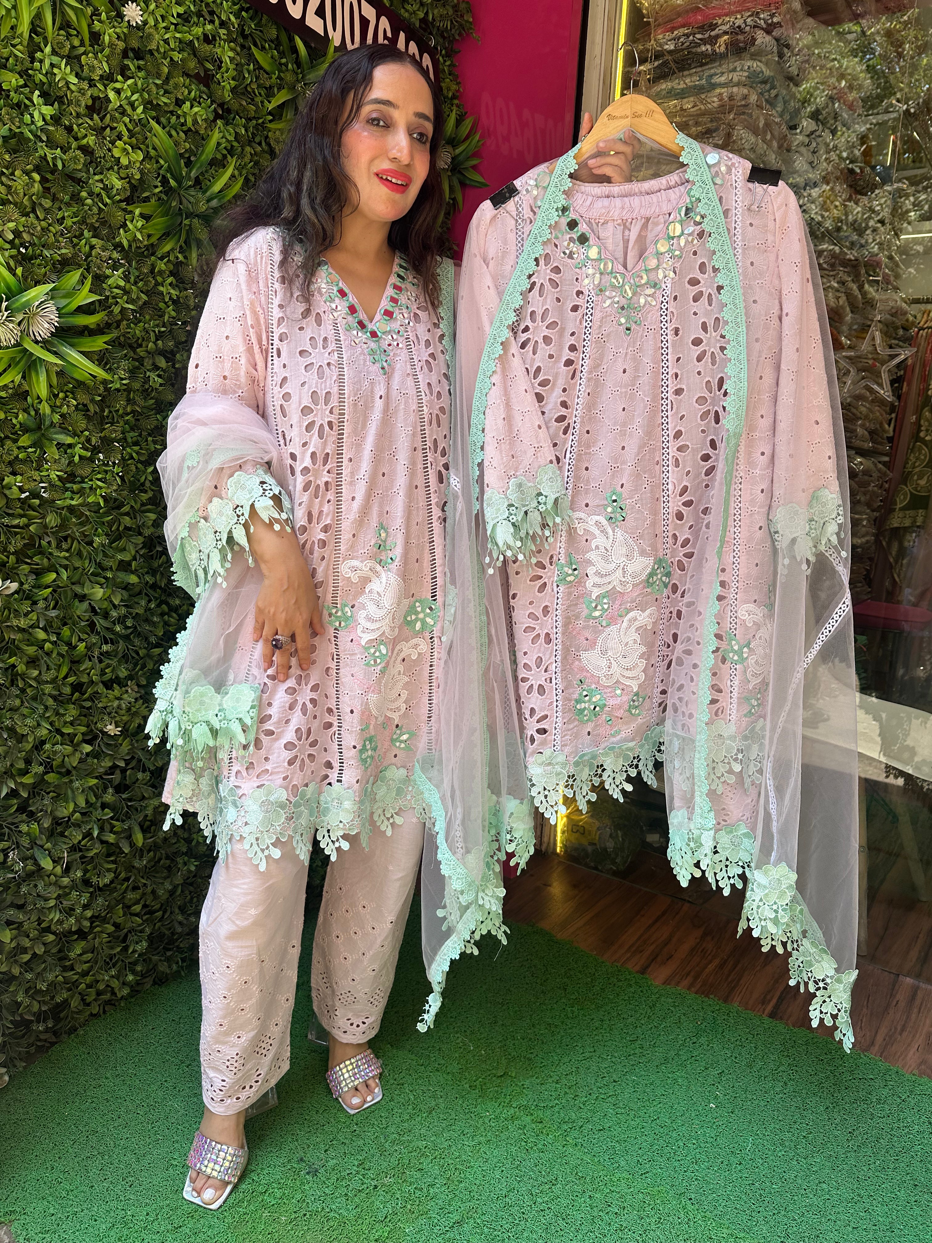 STITCHED HAKOBA MIRROR WORK CUTWORK LACES SUITS.