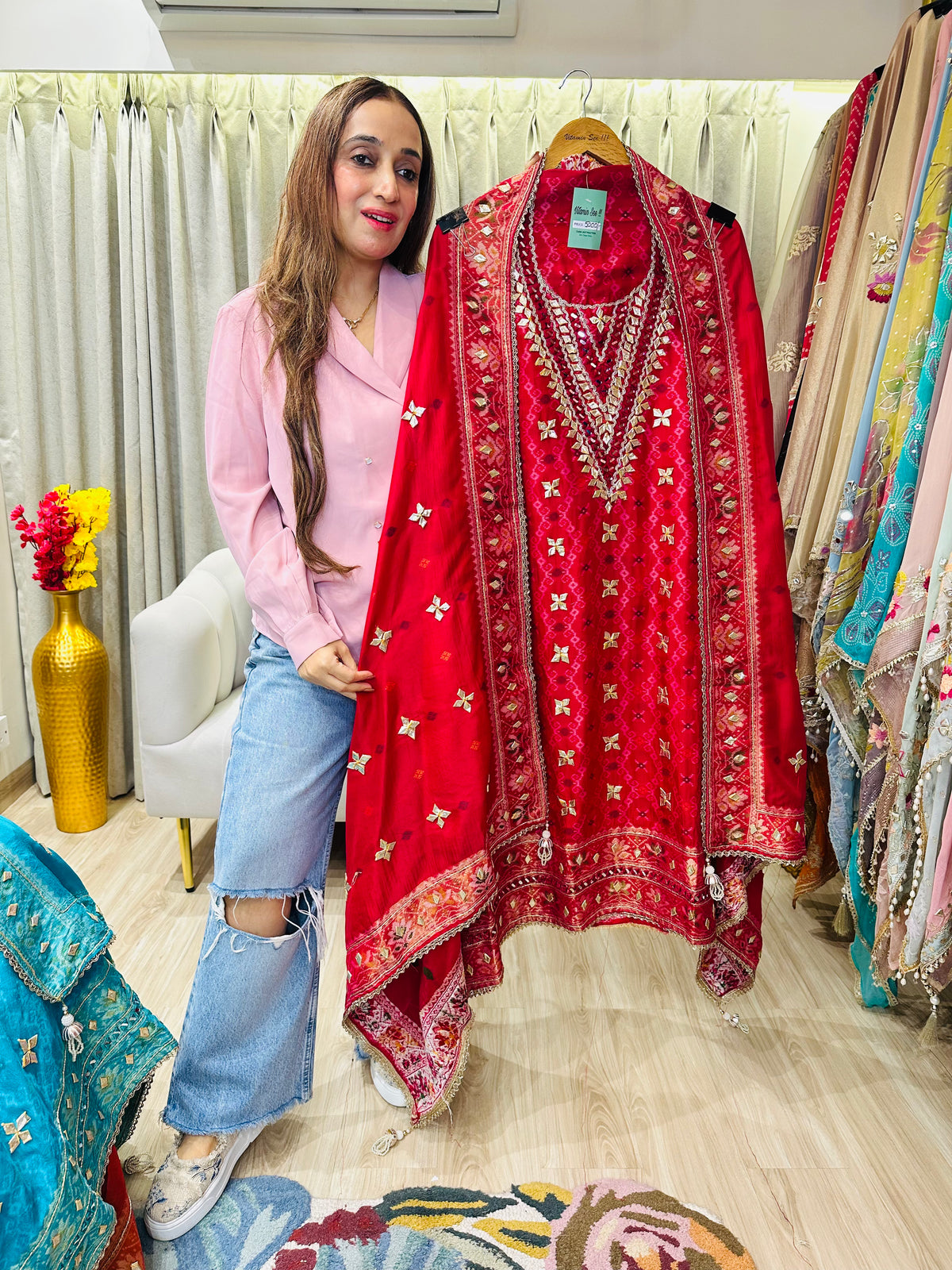 UNSTITCHED PURE RUSSIAN SILK PATOLA PRINTING GOTTA WORK SUITS