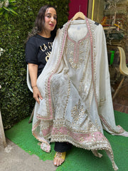 UNSTITCHED PURE TISSUE BANARSI HANDWORK SUITS.