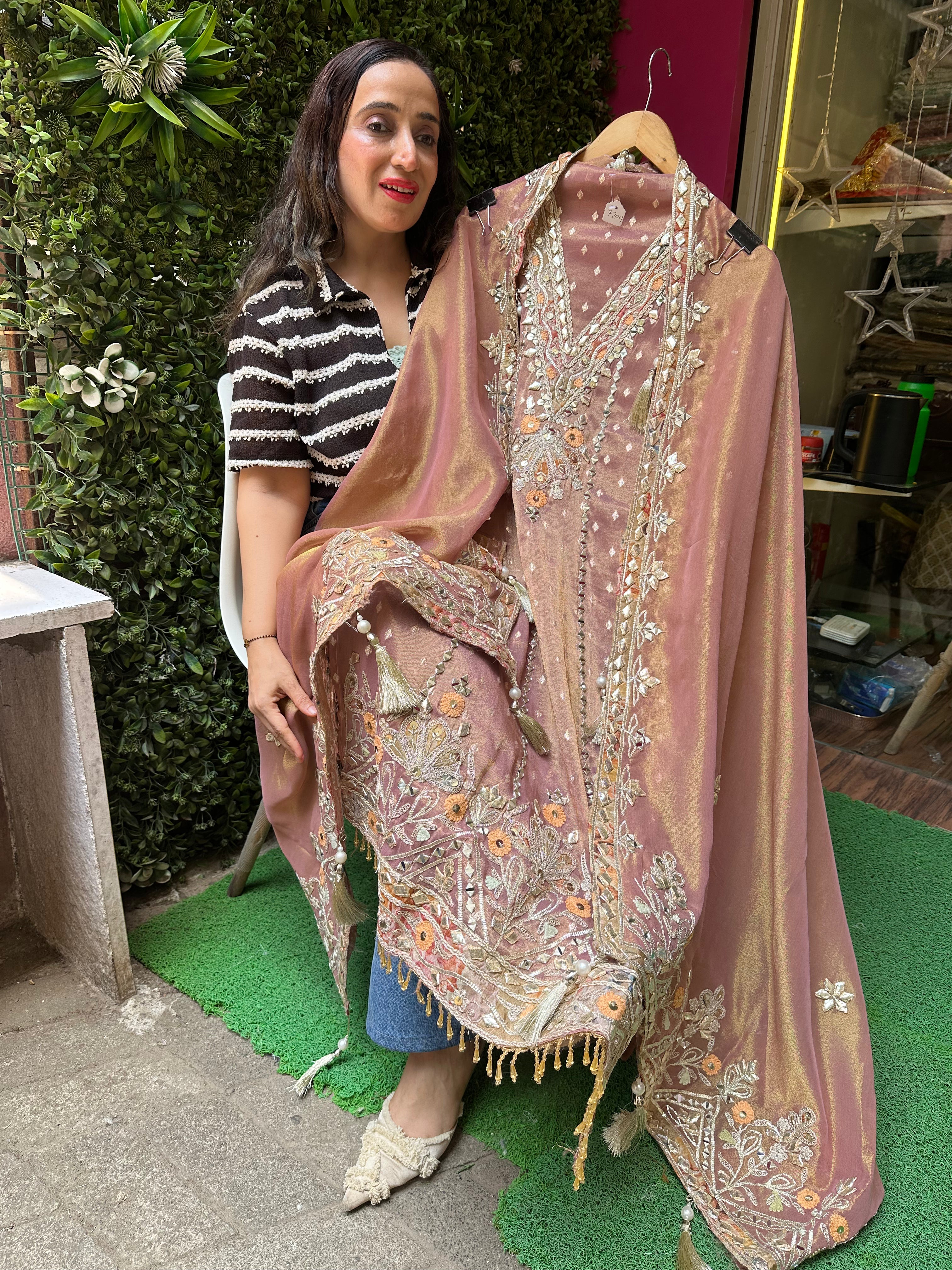 UNSTITCHED PURE TISSUE BANARSI HANDWORK SUITS.