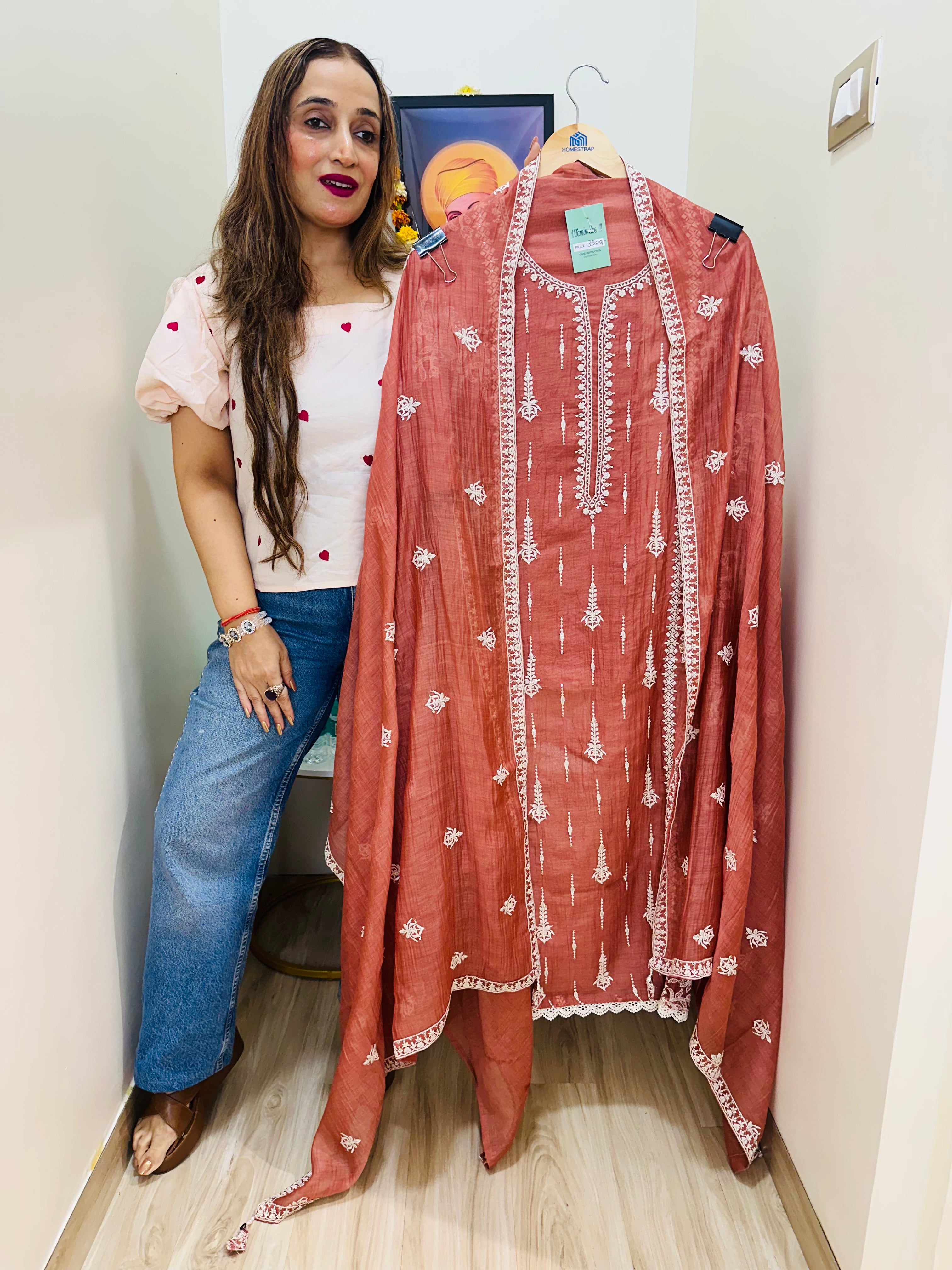 UNSTITCHED PURE MULMUL CHANDERI RESHAM WORK SUITS.