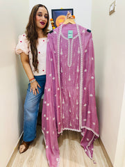 UNSTITCHED PURE MULMUL CHANDERI RESHAM WORK SUITS.