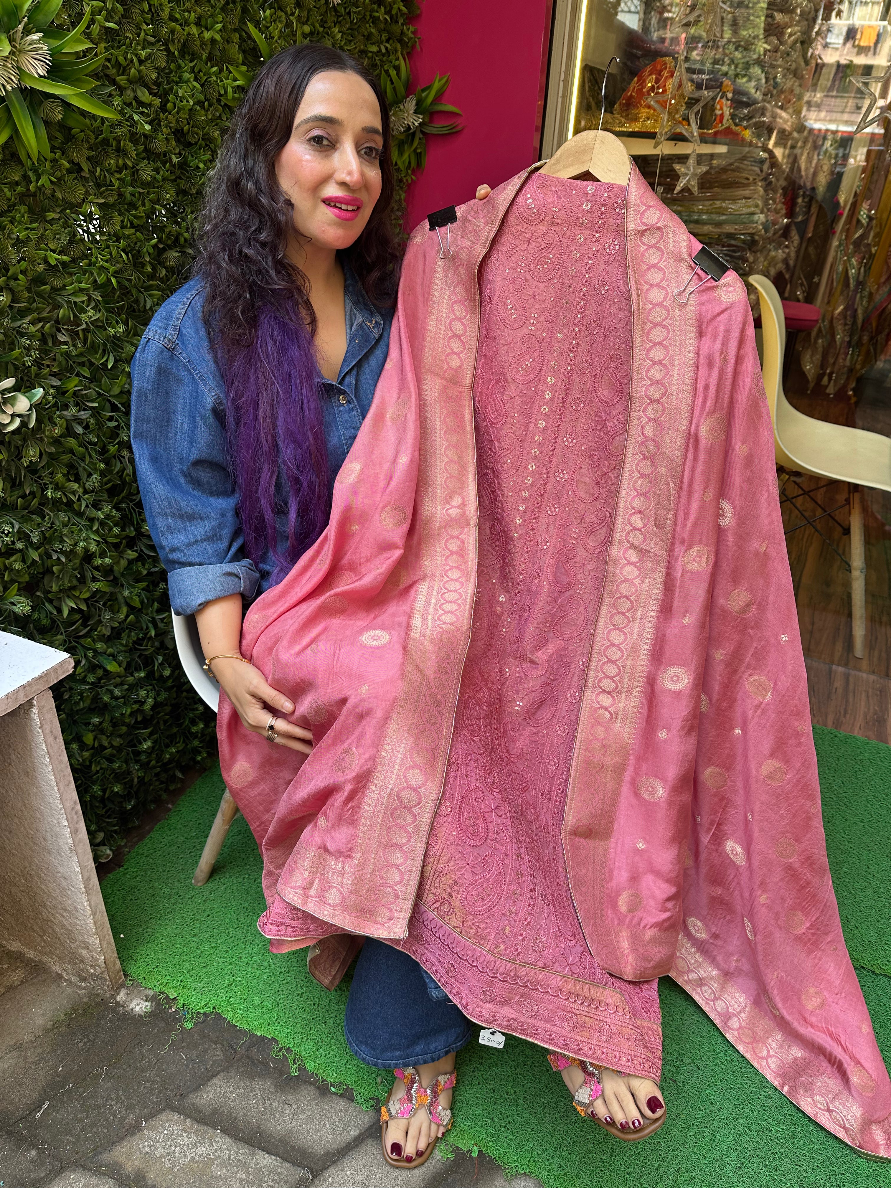 Unstitched pure shimmer silk suit