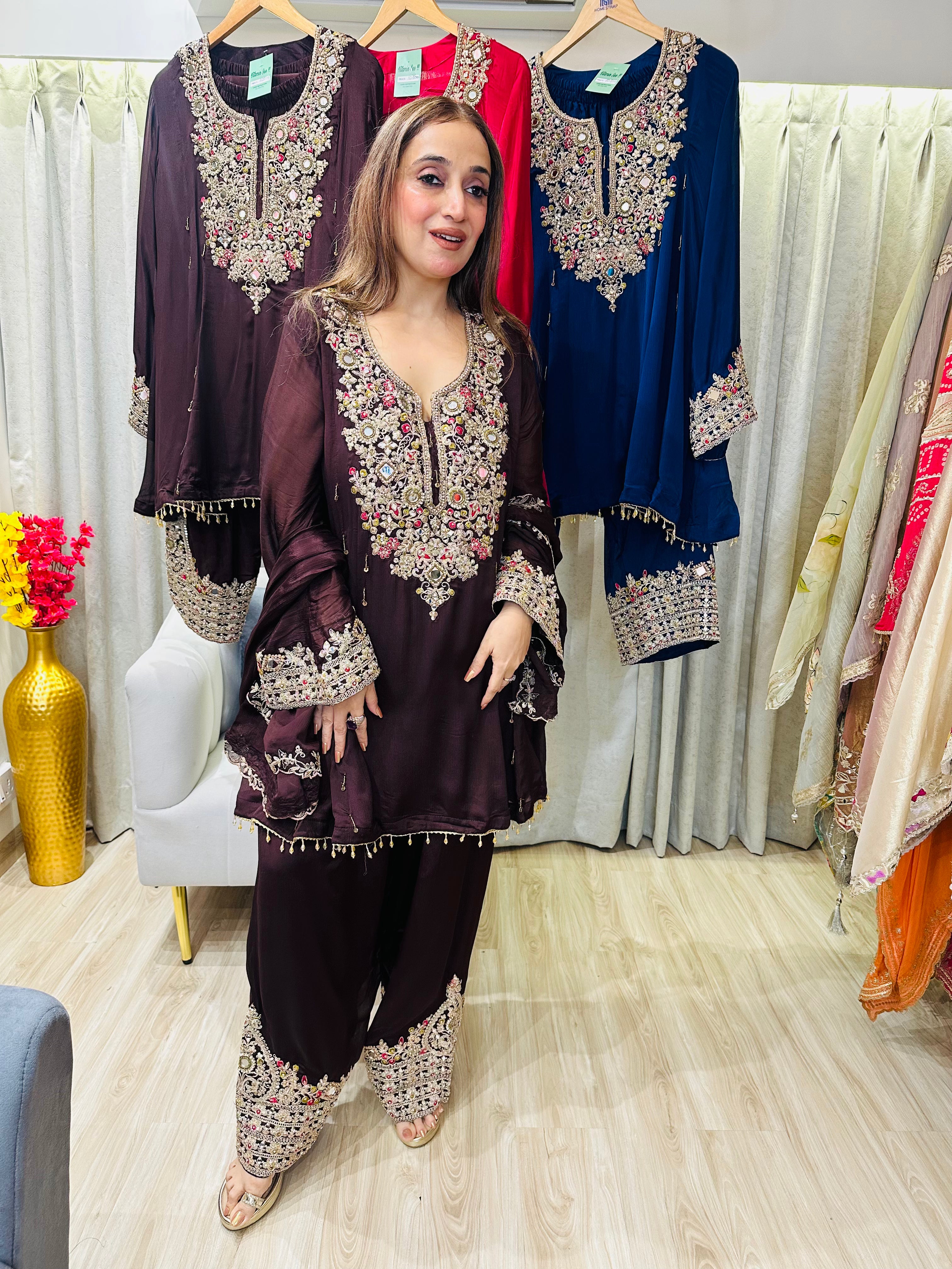 STITCHED PURE CHINON HANDWORK SUITS WITH FARSHI SALWAR WITH PURE CHINON DUPATTAS.