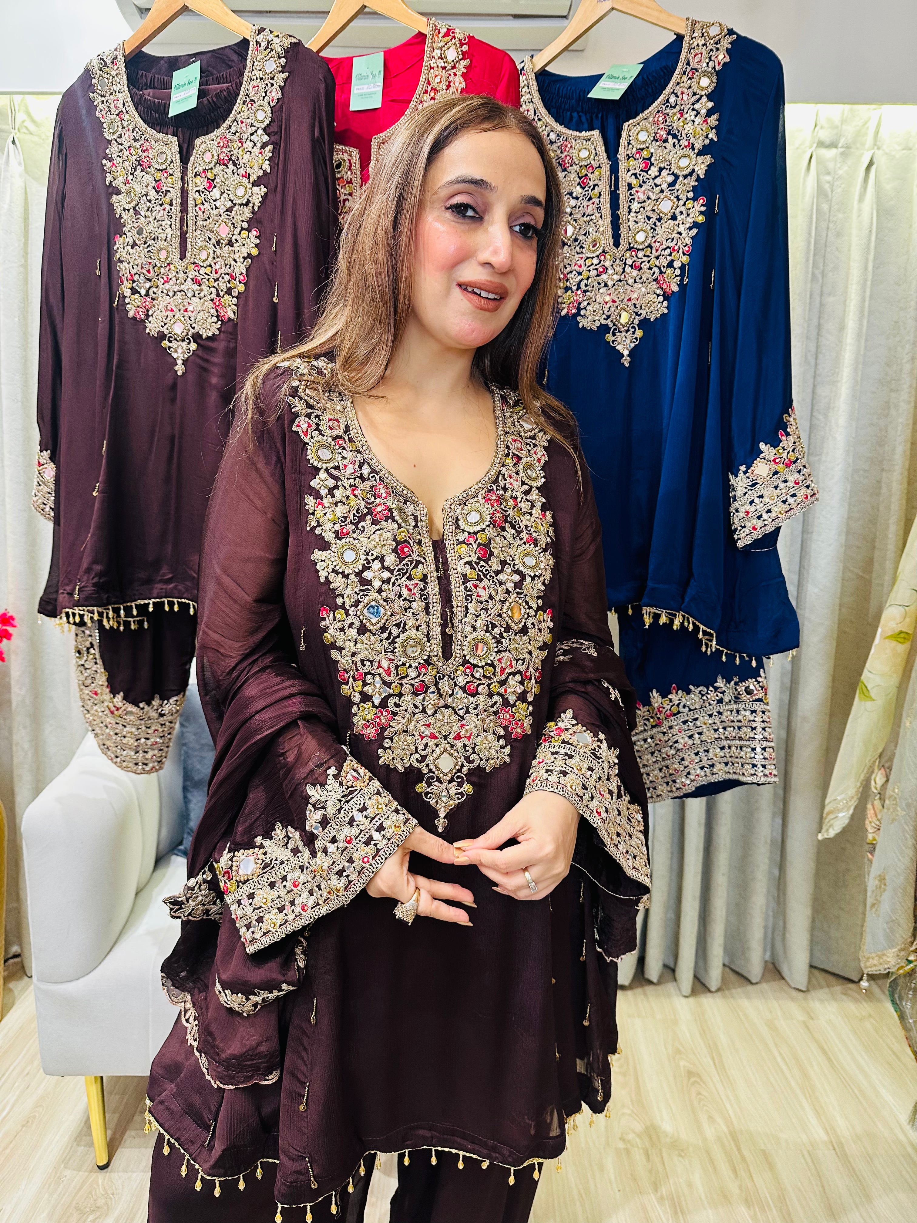 STITCHED PURE CHINON HANDWORK SUITS WITH FARSHI SALWAR WITH PURE CHINON DUPATTAS.