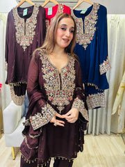 STITCHED PURE CHINON HANDWORK SUITS WITH FARSHI SALWAR WITH PURE CHINON DUPATTAS.