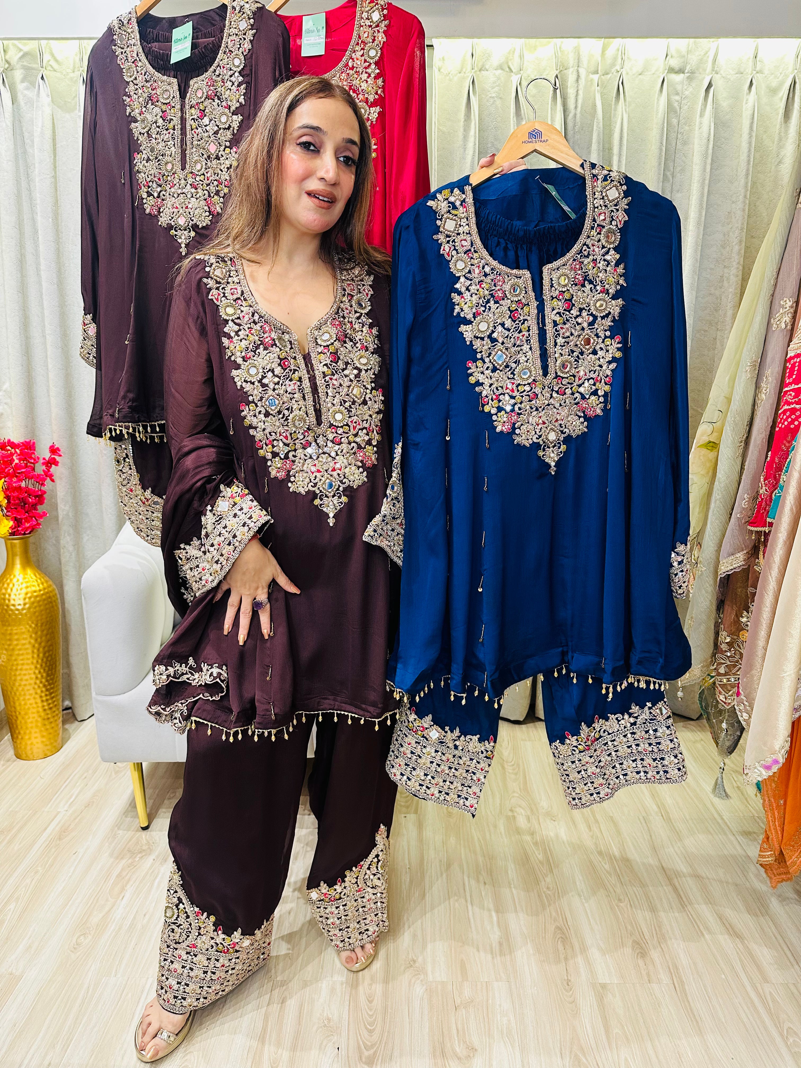 STITCHED PURE CHINON HANDWORK SUITS WITH FARSHI SALWAR WITH PURE CHINON DUPATTAS.