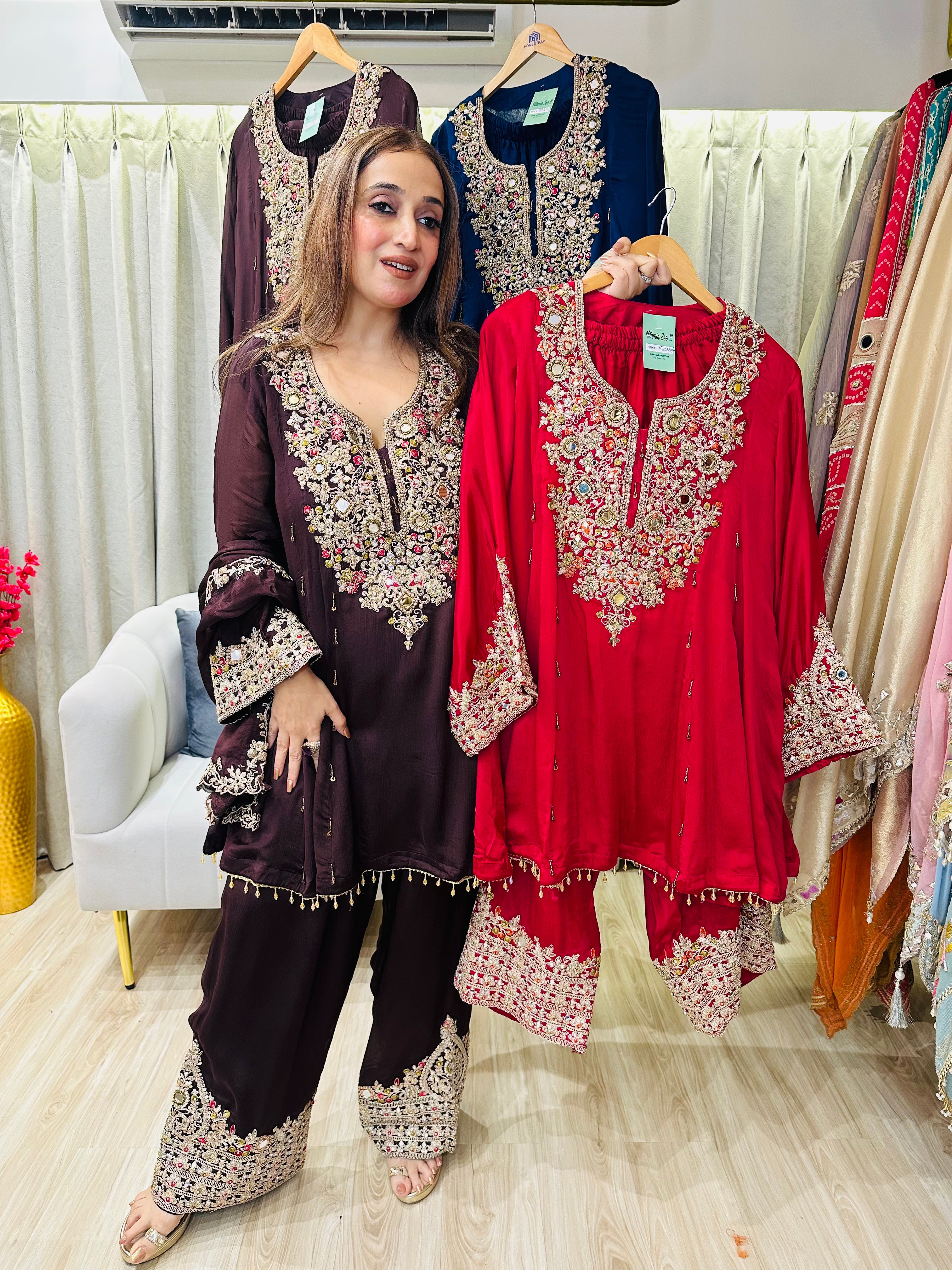 STITCHED PURE CHINON HANDWORK SUITS WITH FARSHI SALWAR WITH PURE CHINON DUPATTAS.