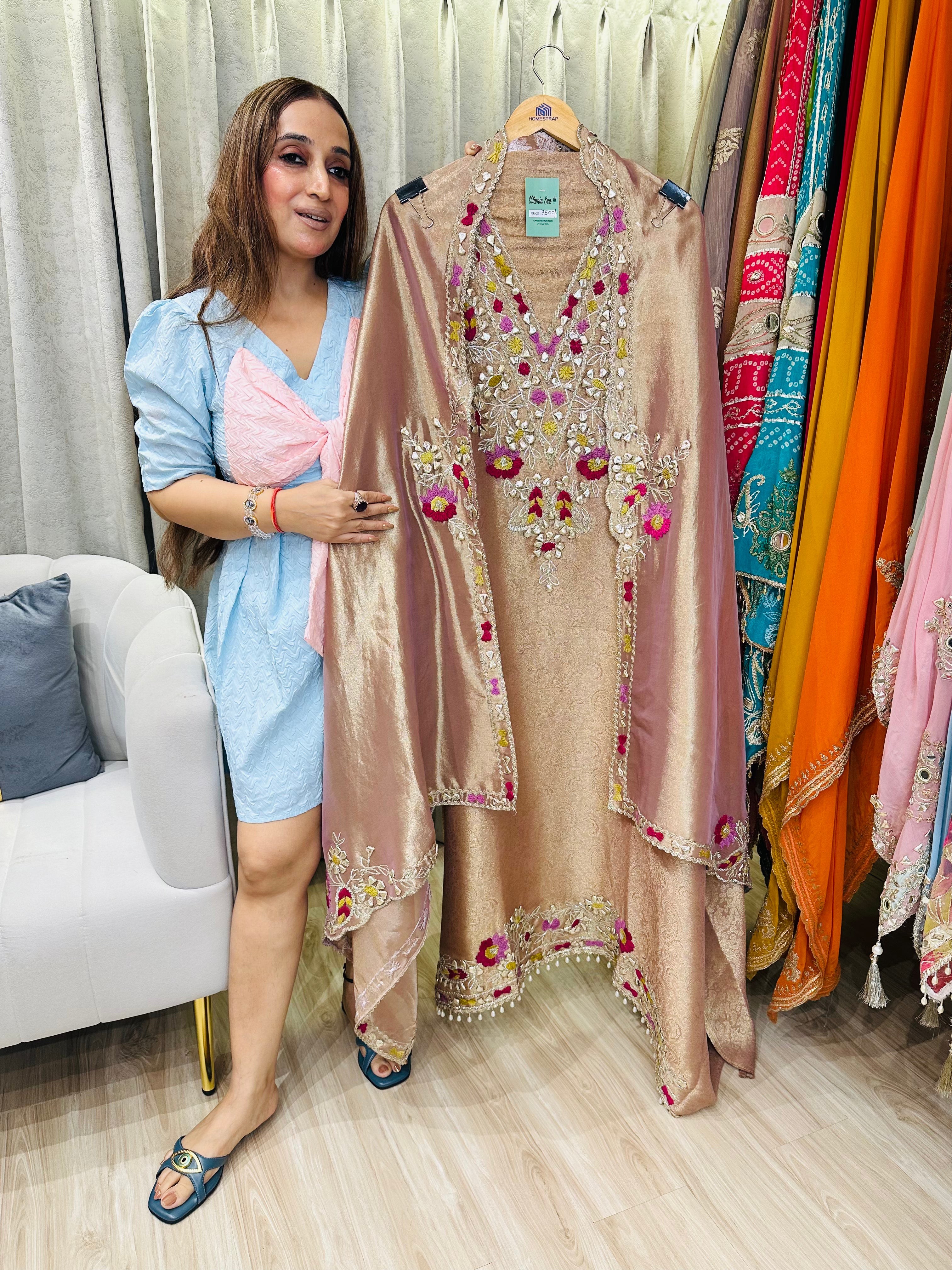 UNSTITCHED PURE BANARSI TISSUE HANDWORK SUITS