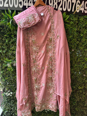 UNSTITCHED MULMUL SUITS WITH RESHAM WORK.