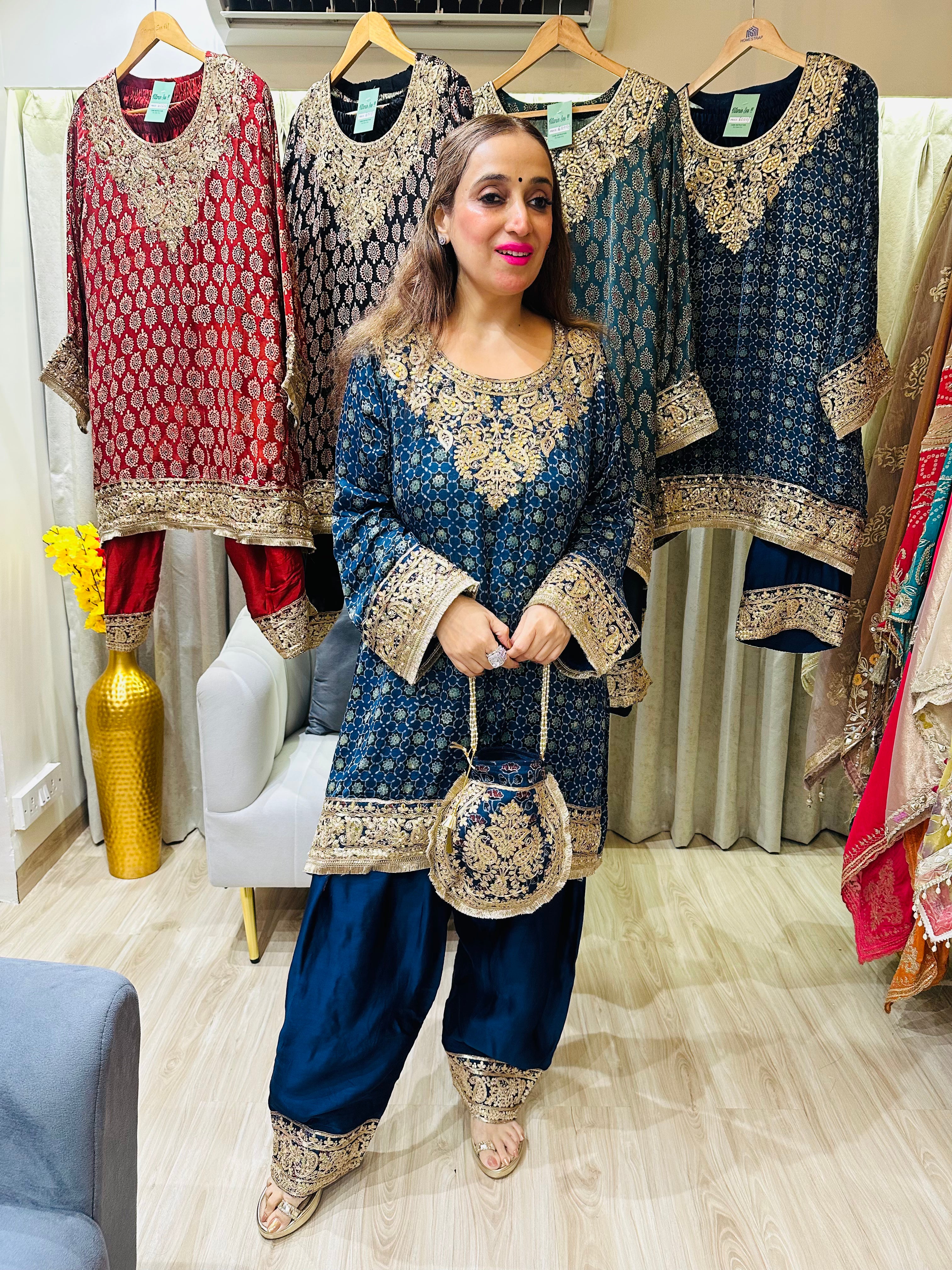 STITCHED PURE GAJJI SILK AJRAK PRINTING CHOGA SETS WITH POTLIS