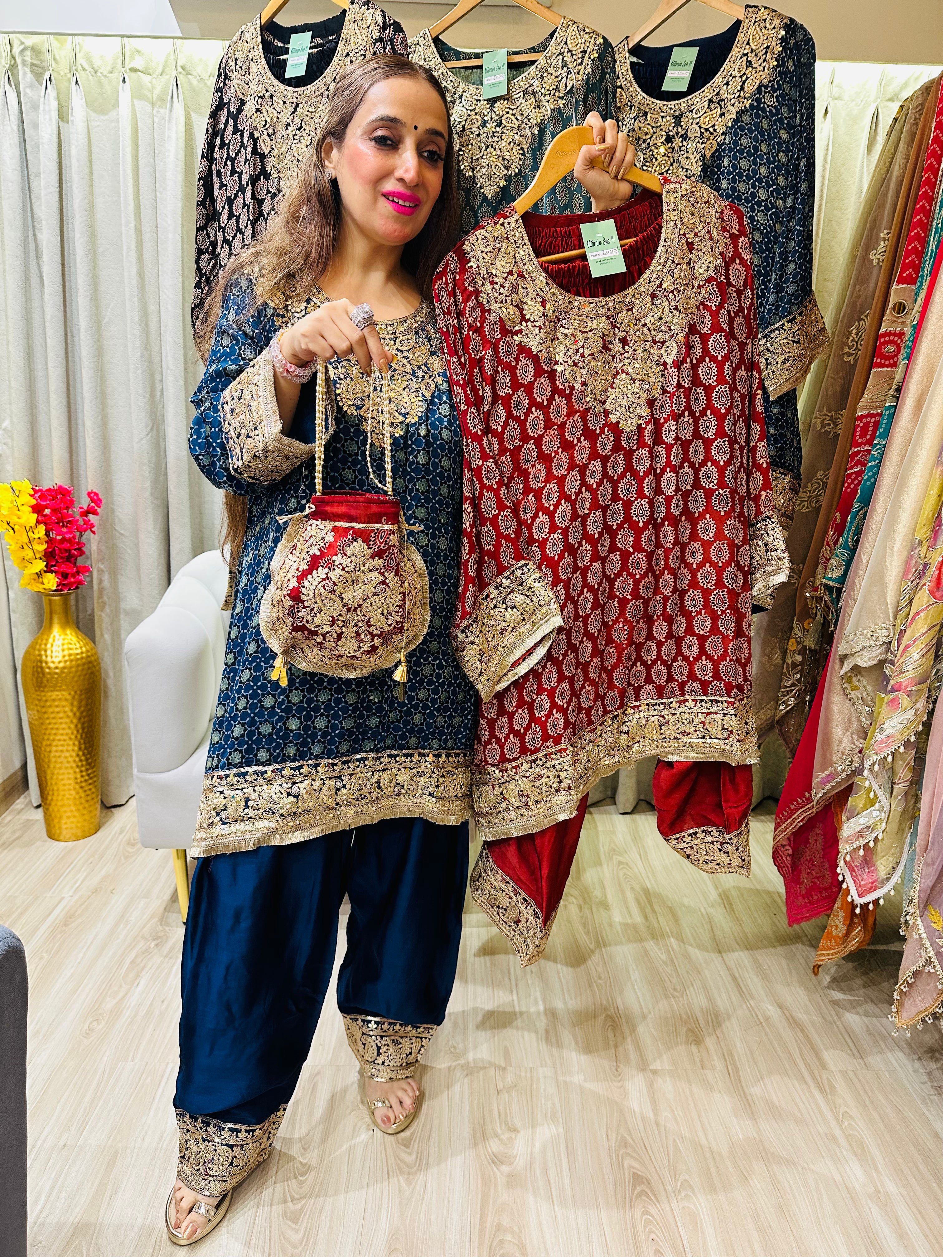 STITCHED PURE GAJJI SILK AJRAK PRINTING CHOGA SETS WITH POTLIS