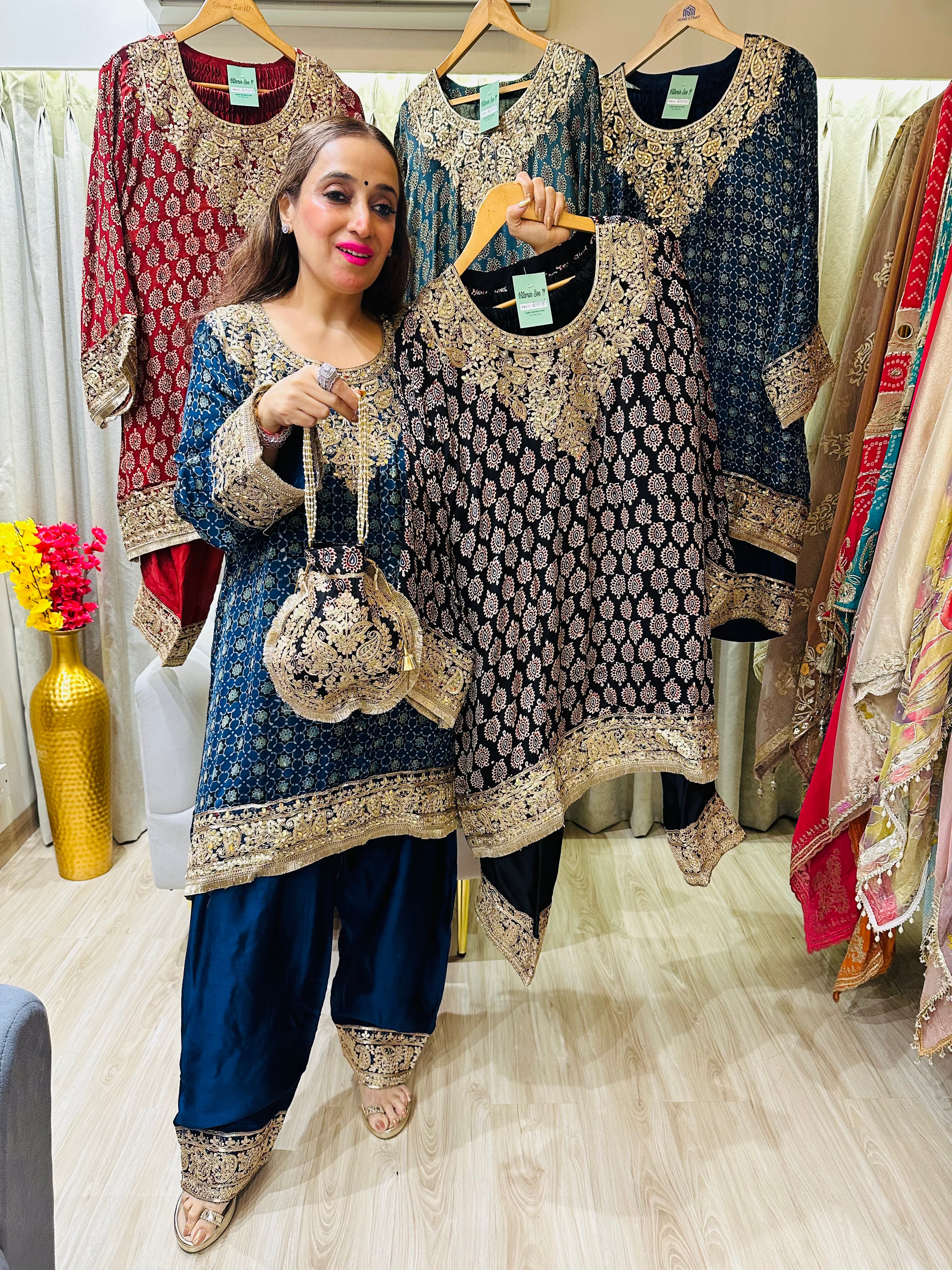 STITCHED PURE GAJJI SILK AJRAK PRINTING CHOGA SETS WITH POTLIS