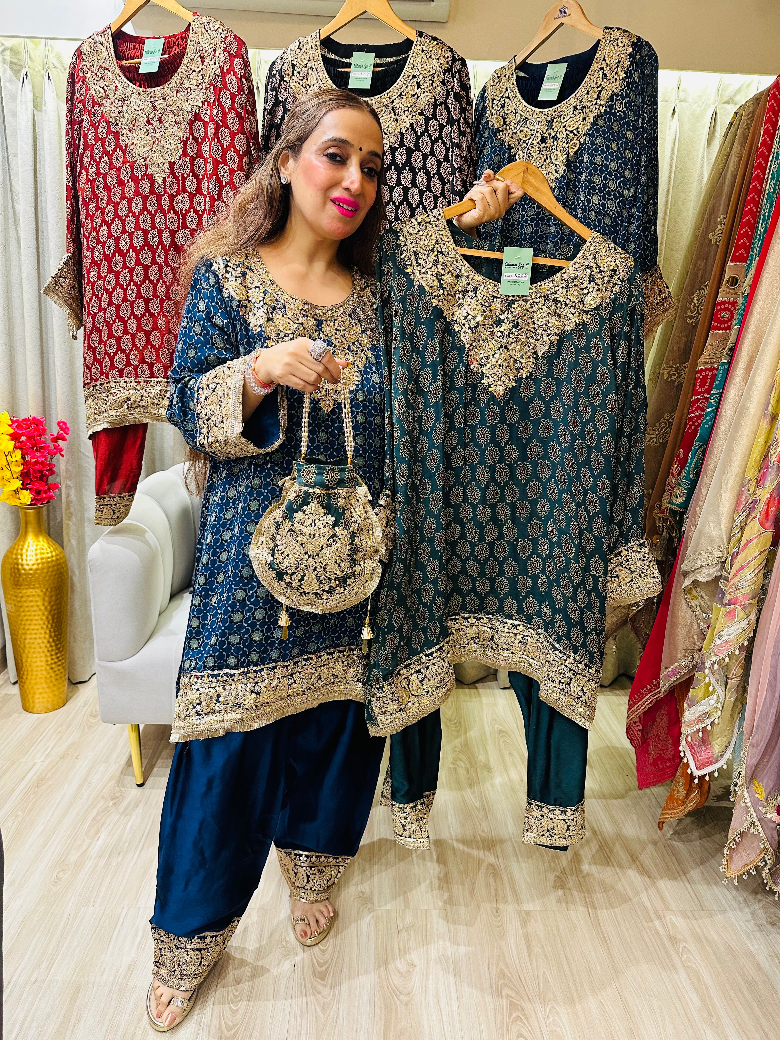 STITCHED PURE GAJJI SILK AJRAK PRINTING CHOGA SETS WITH POTLIS