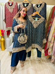 STITCHED PURE GAJJI SILK AJRAK PRINTING CHOGA SETS WITH POTLIS