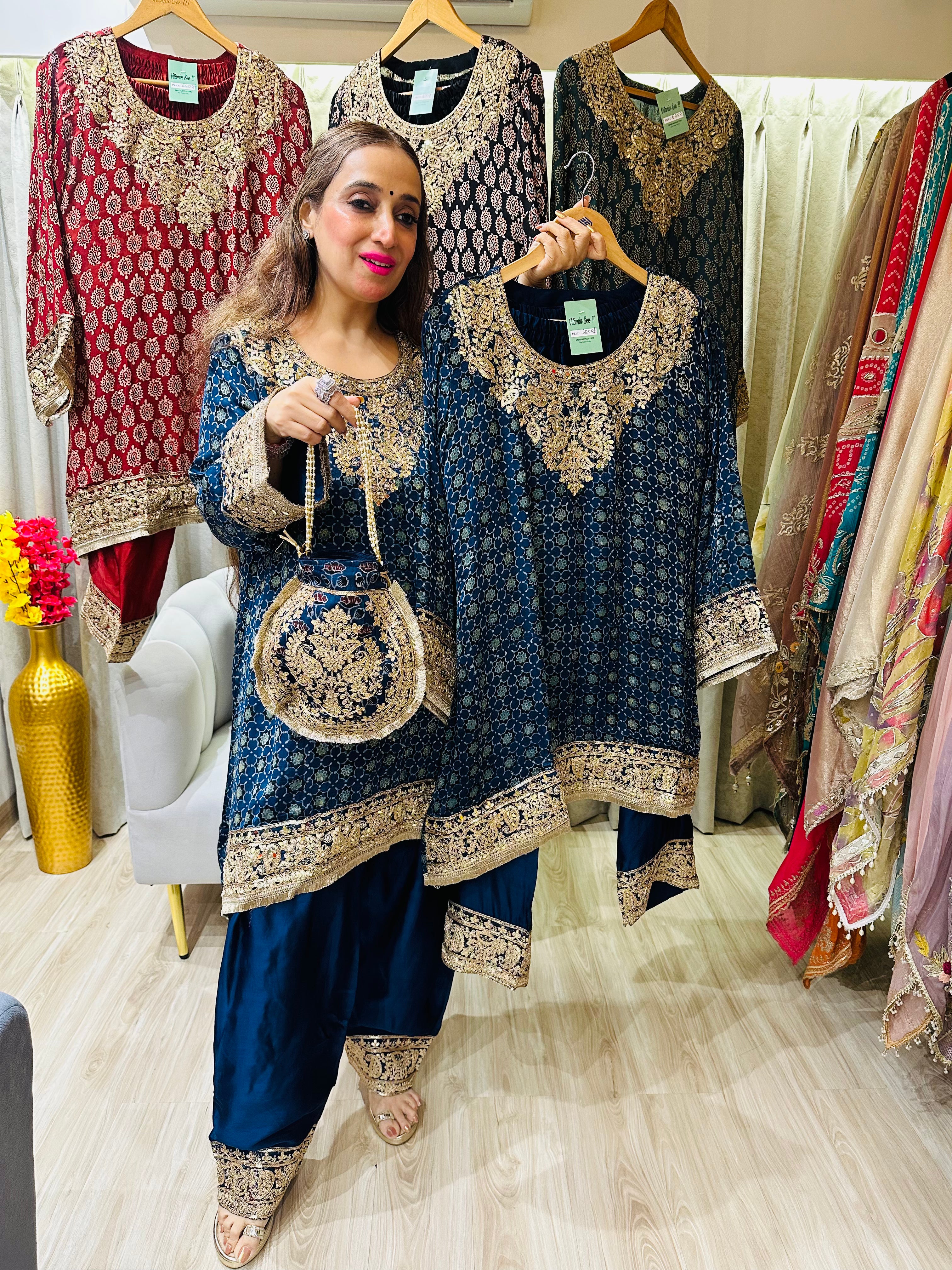 STITCHED PURE GAJJI SILK AJRAK PRINTING CHOGA SETS WITH POTLIS