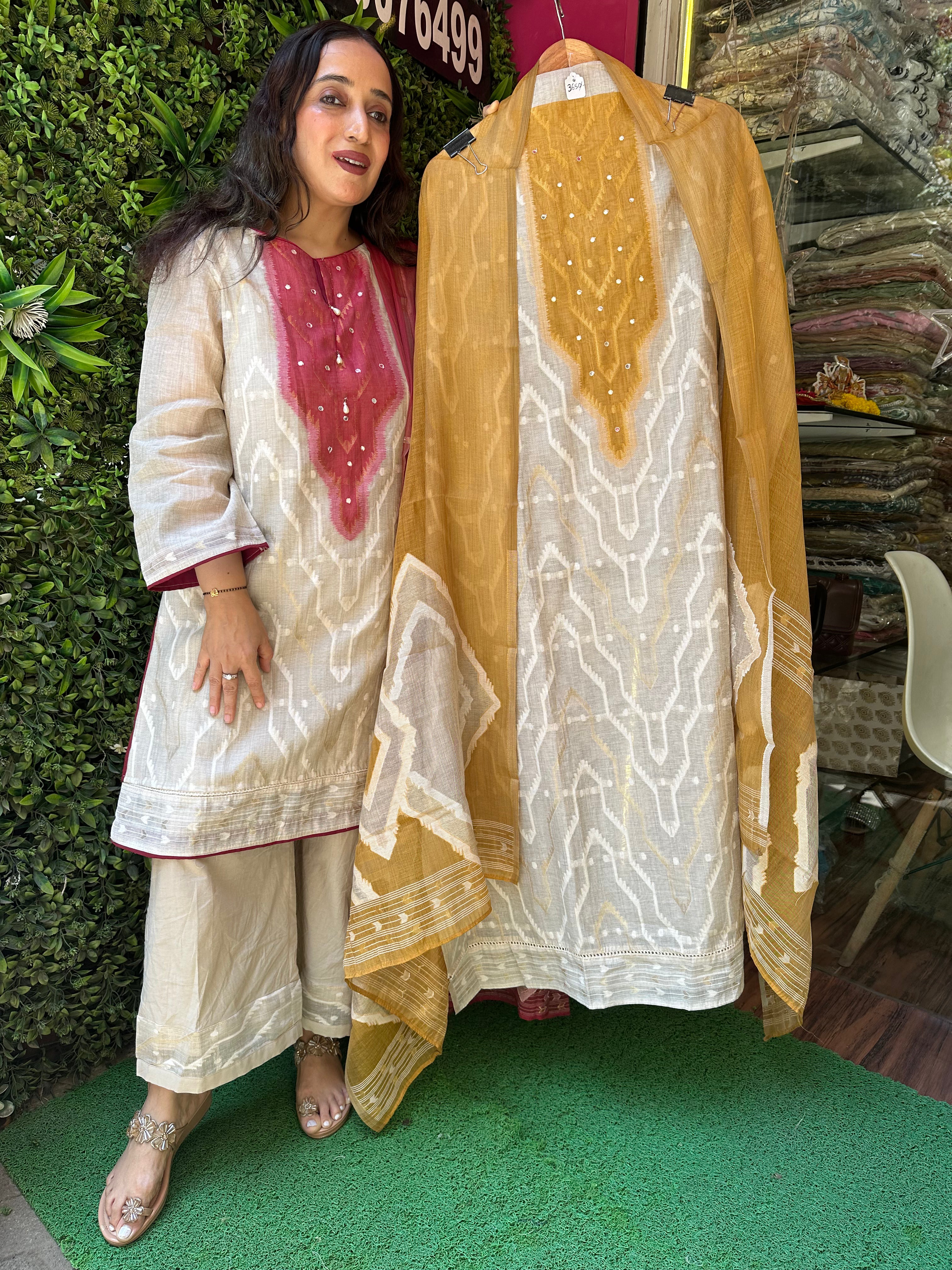 UNSTITCHED PURE CHANDERI COTTON JAMDANI SUITS.