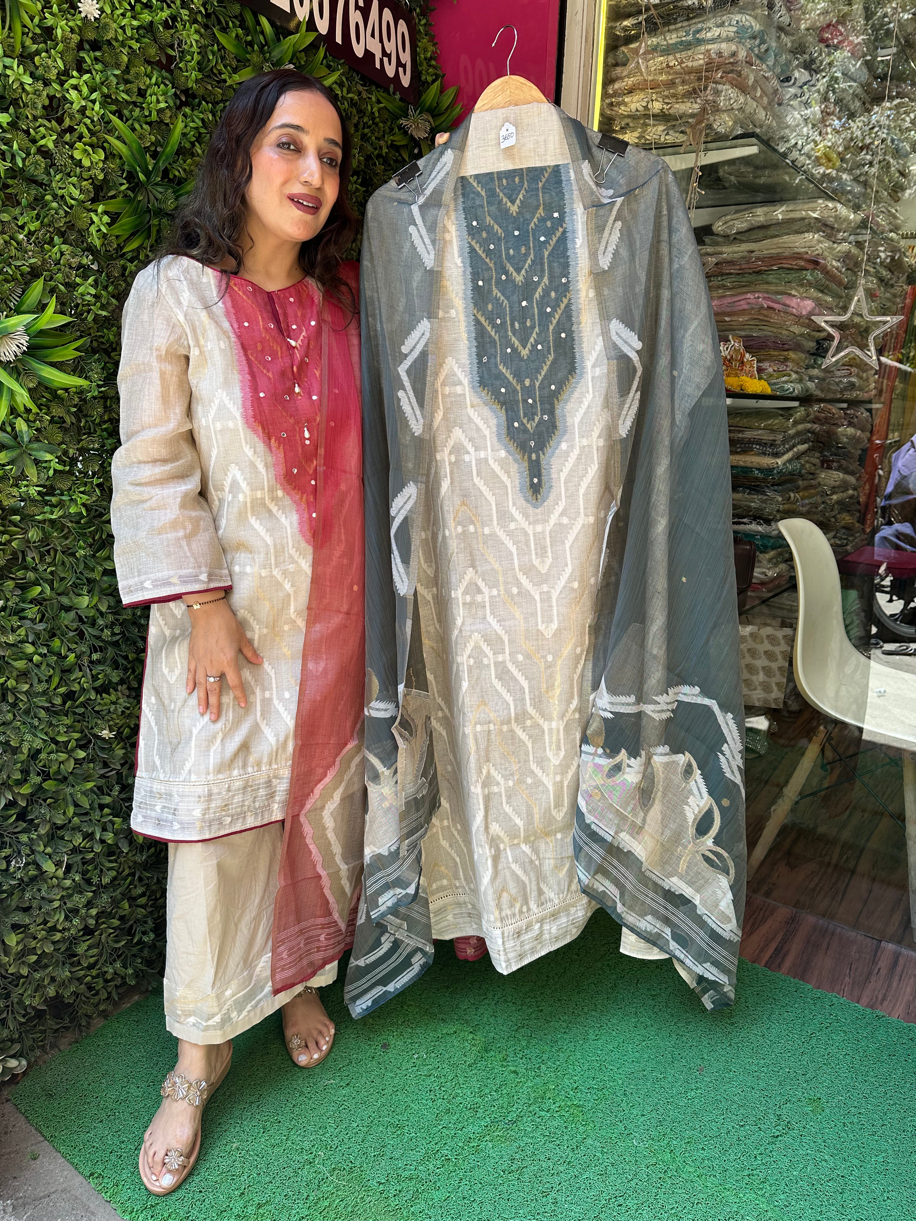UNSTITCHED PURE CHANDERI COTTON JAMDANI SUITS.