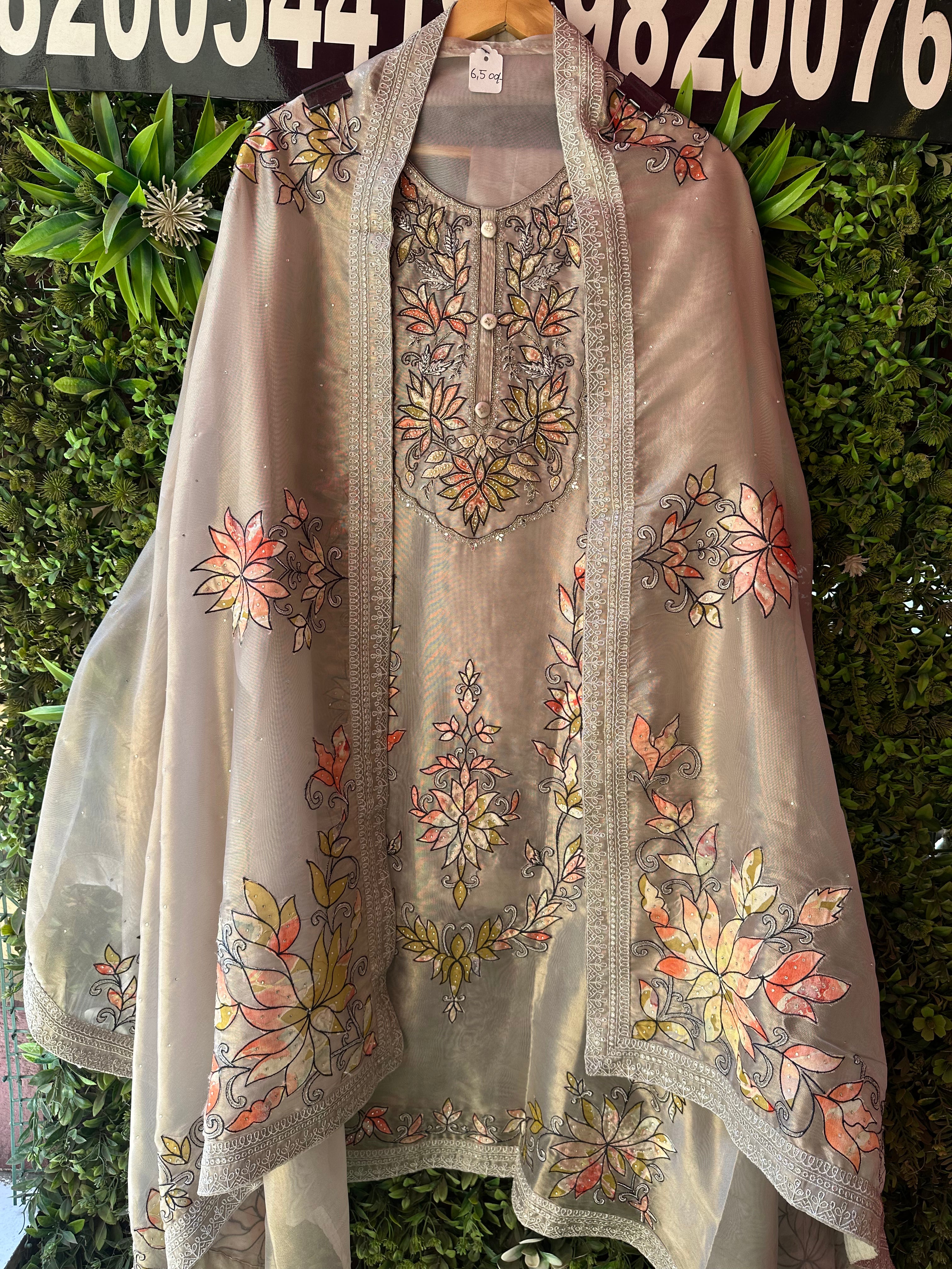 UNSTITCHED PURE TISSUE ORGANZA HANDWORK SUITS.