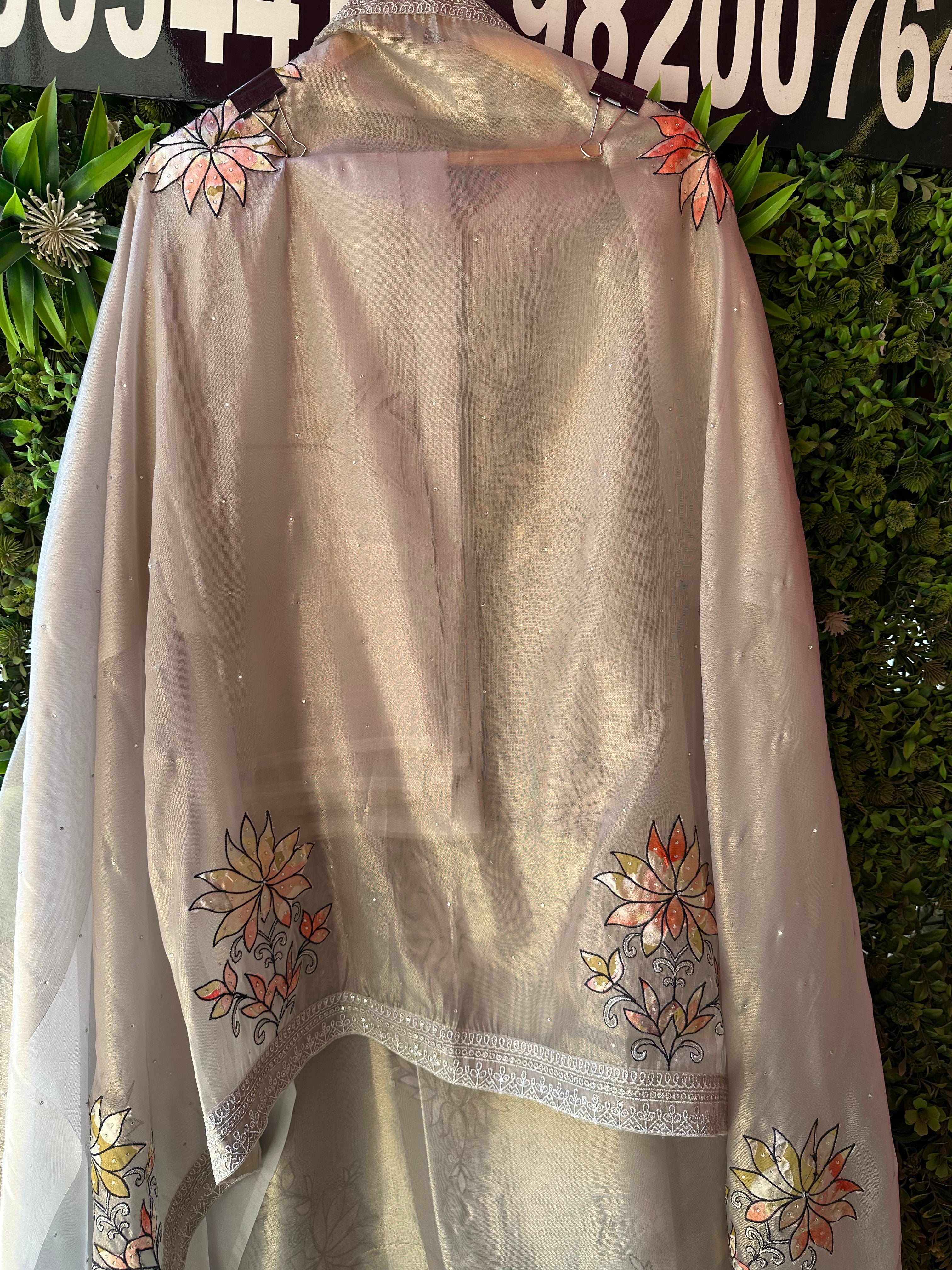UNSTITCHED PURE TISSUE ORGANZA HANDWORK SUITS.