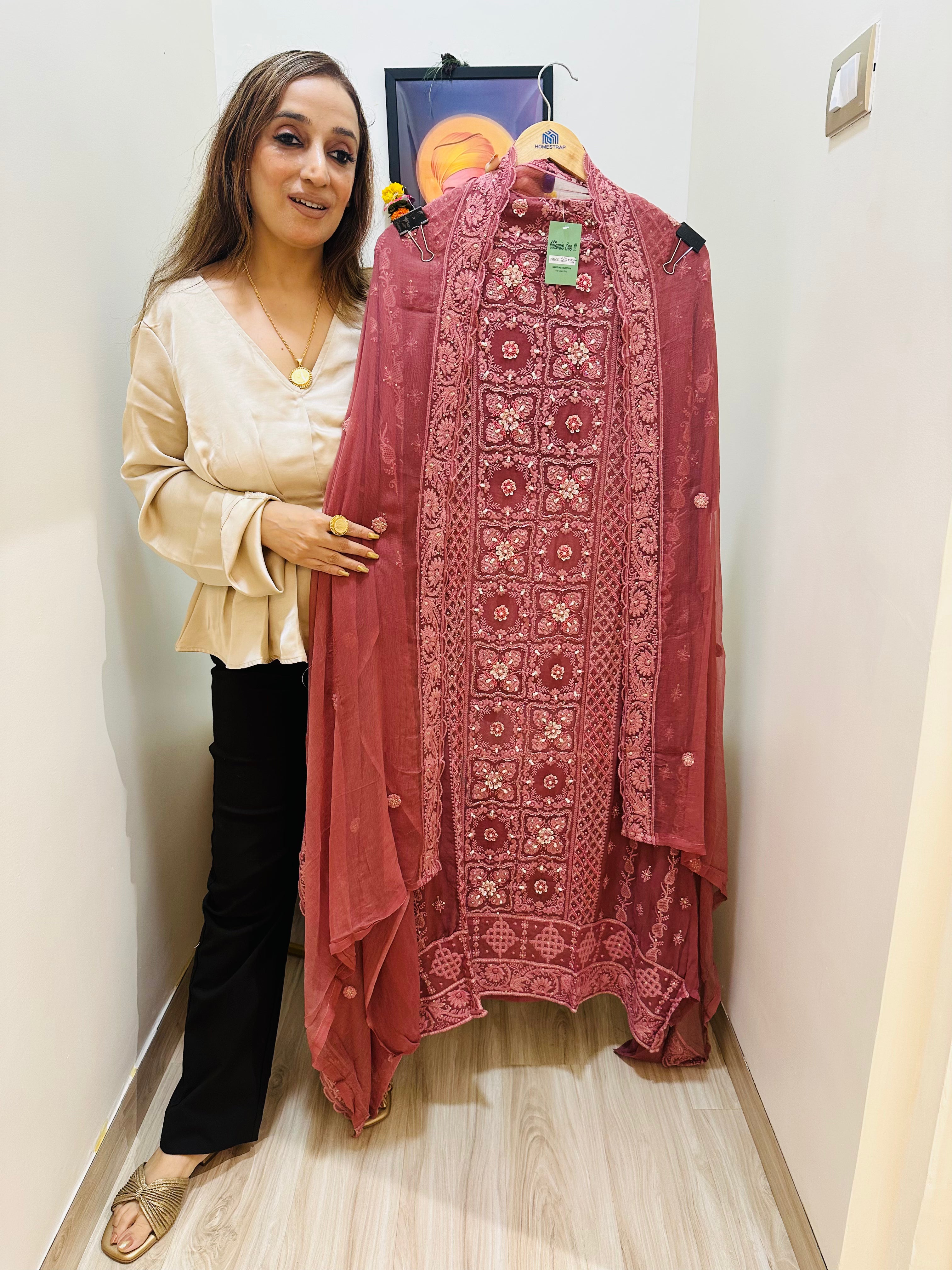 UNSTITCHED PURE GEORGETTE LUCKNOWI THREAD WORK NALKI PEARLS WORK SUITS