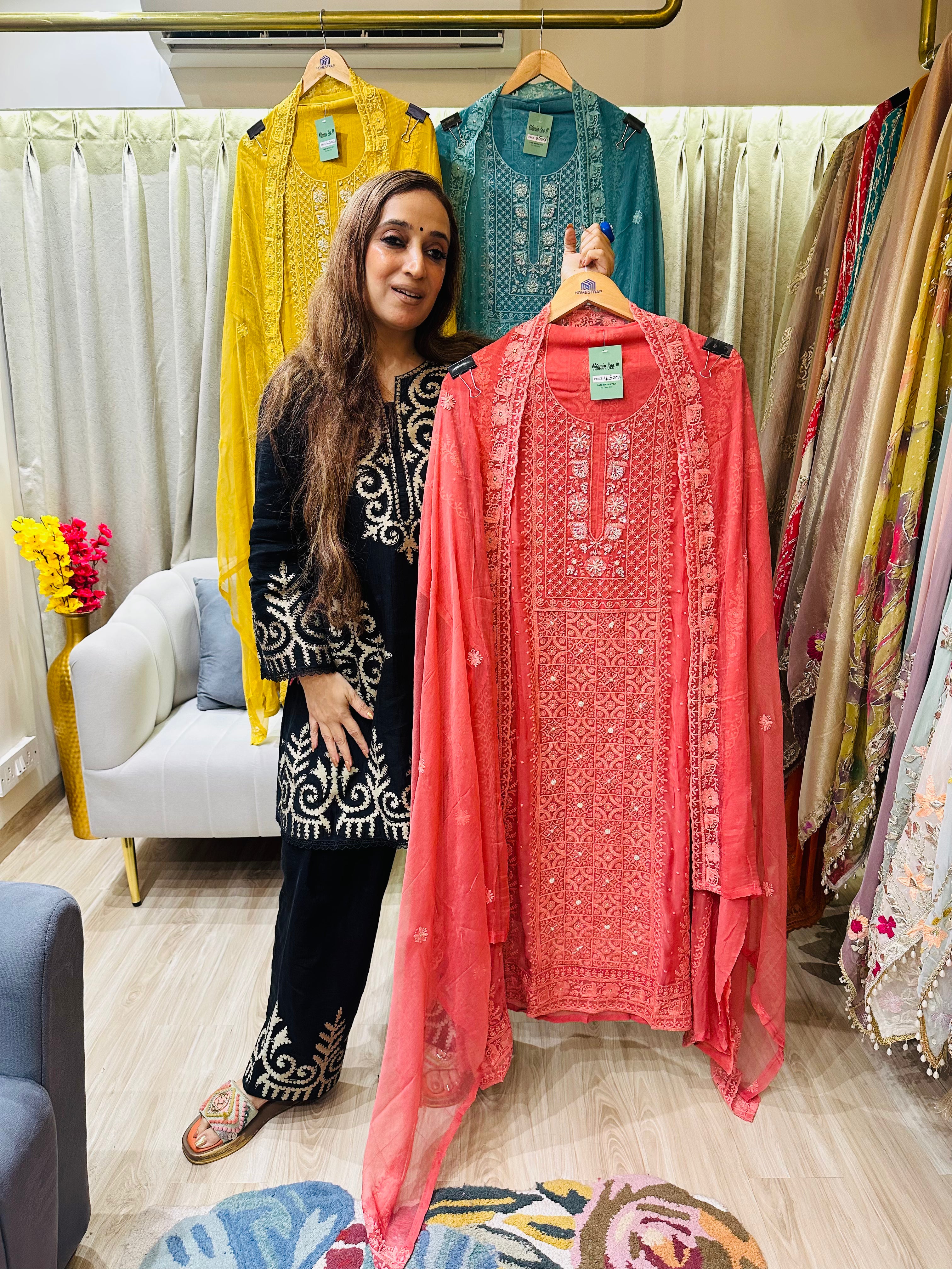 UNSTITCHED PURE GEORGETTE THREAD WORK PEARL WORK SUITS