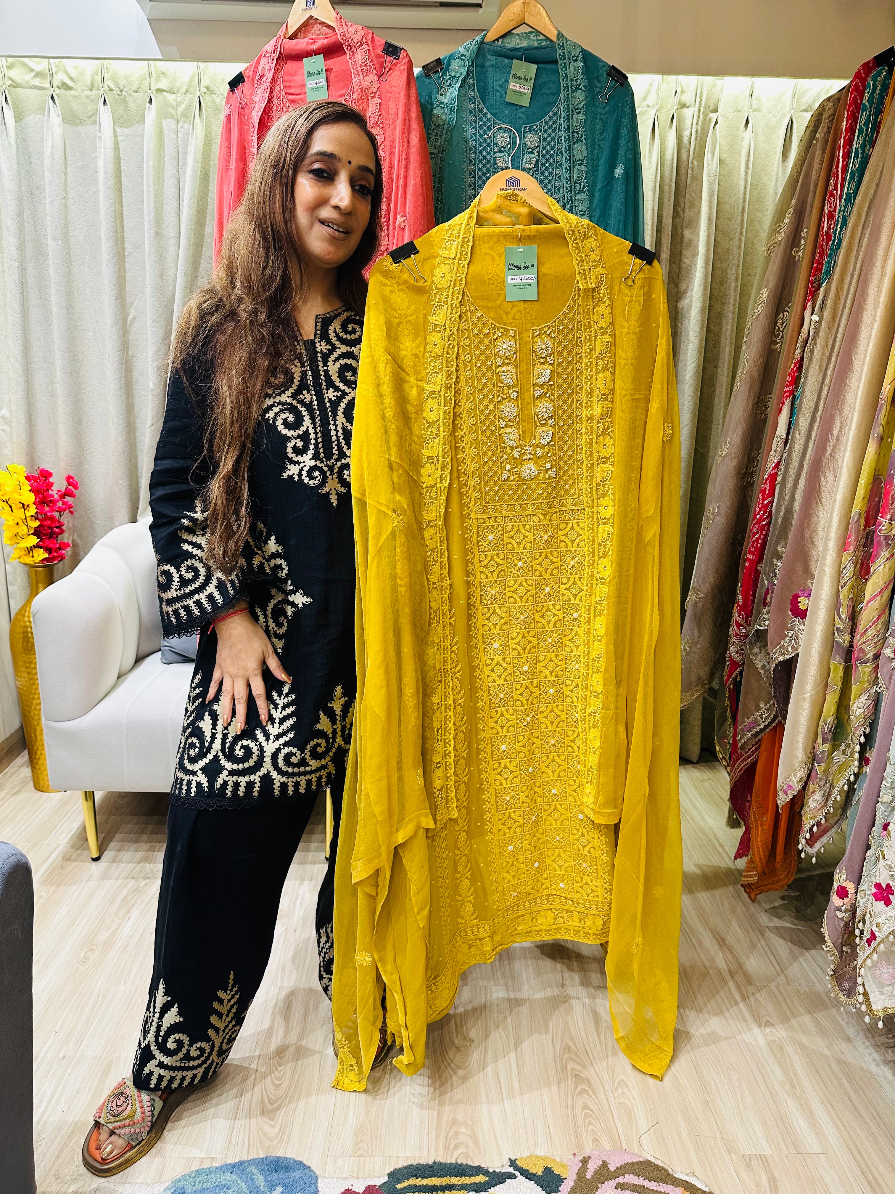 UNSTITCHED PURE GEORGETTE THREAD WORK PEARL WORK SUITS
