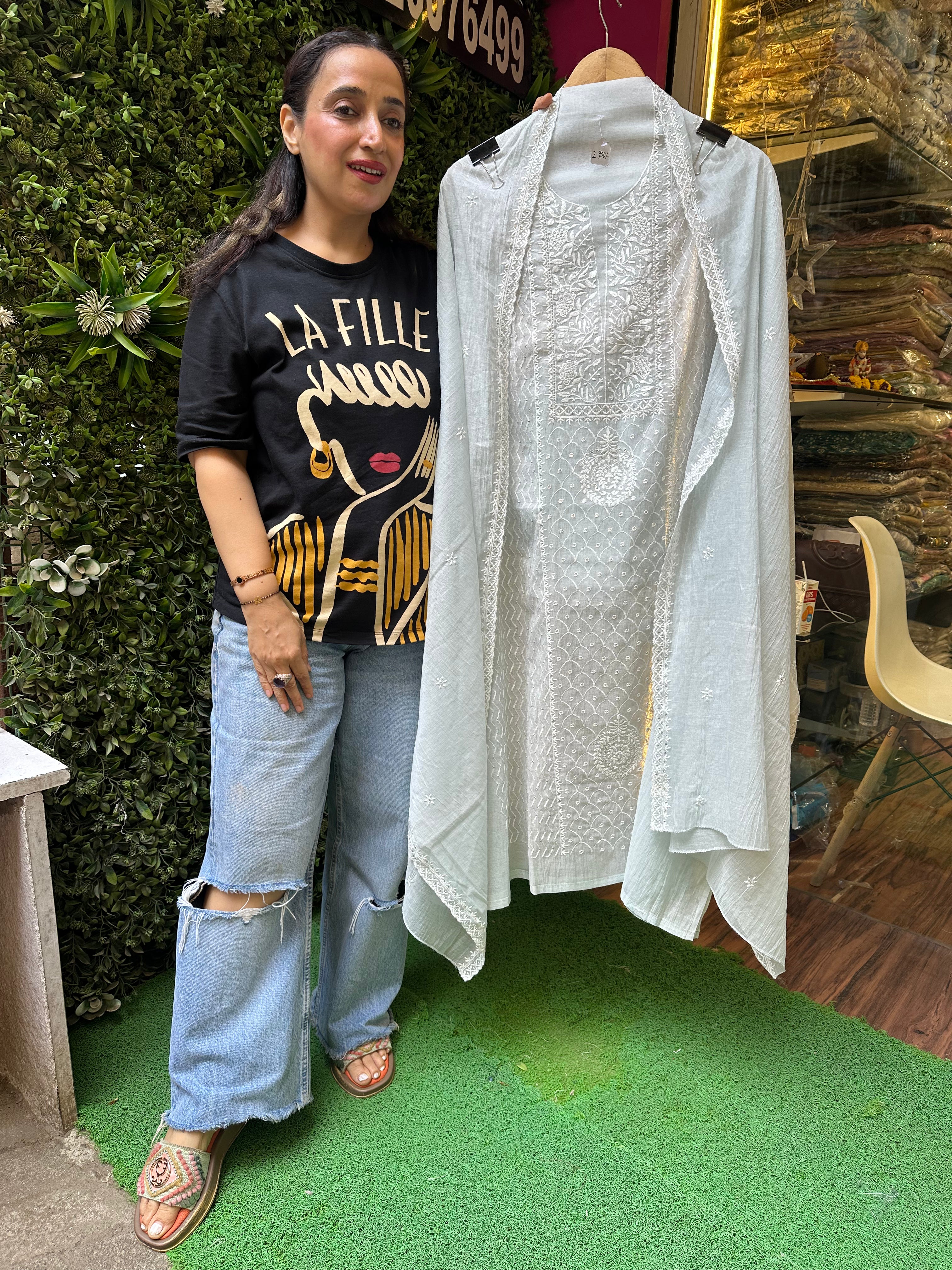 UNSTITCHED PURE MULMUL CHANDERI EMBROIDERED SUITS.
