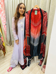UNSTITCHED PURE GAJJI SILK BANDHNI PRINTING SUITS WITH MIRROR WORK