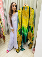 UNSTITCHED PURE GAJJI SILK BANDHNI PRINTING SUITS WITH MIRROR WORK