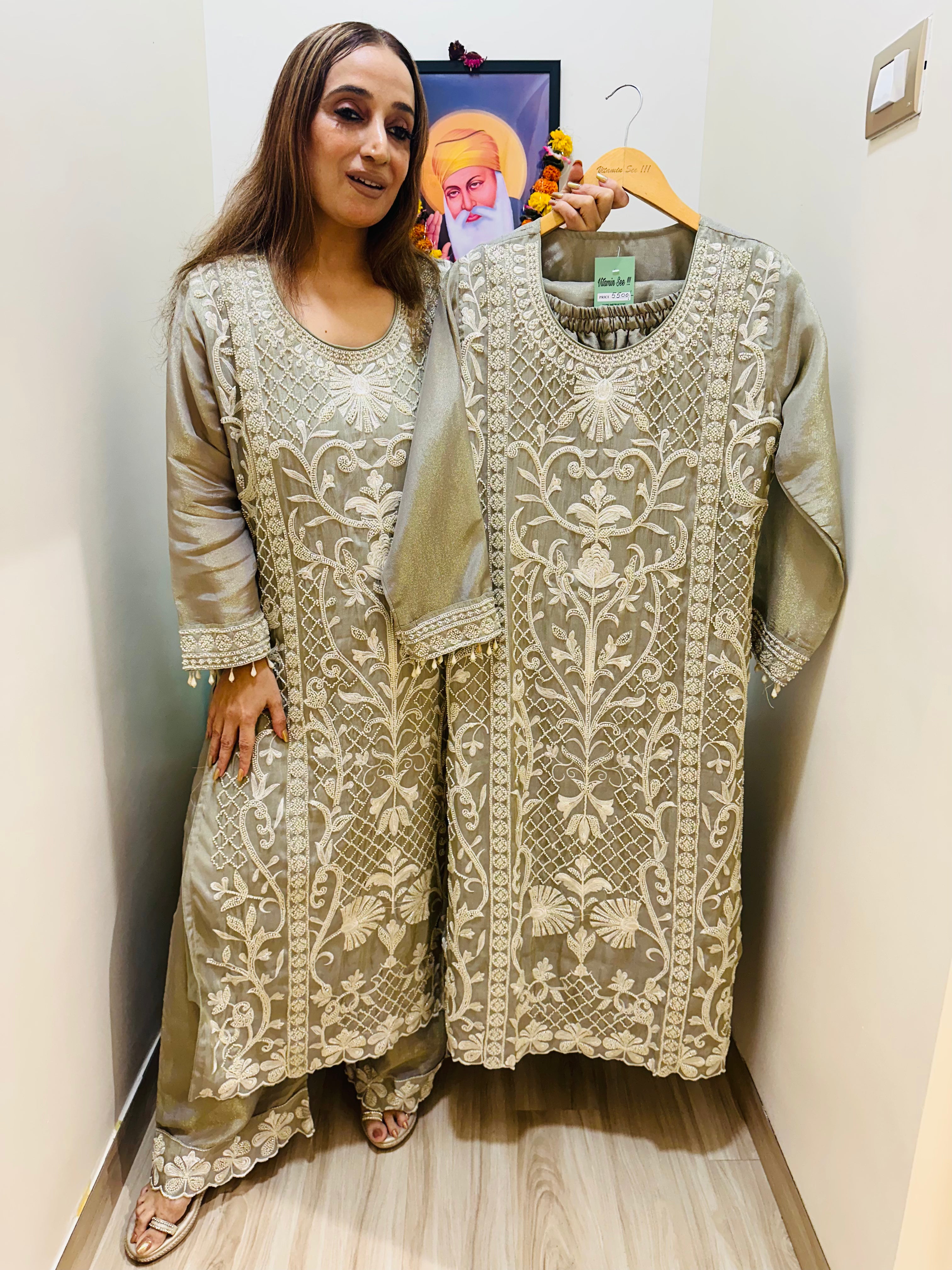 STITCHED PURE SHIMMER SILK SUITS WITH CUTDANA AND RESHAM THREAD WORK