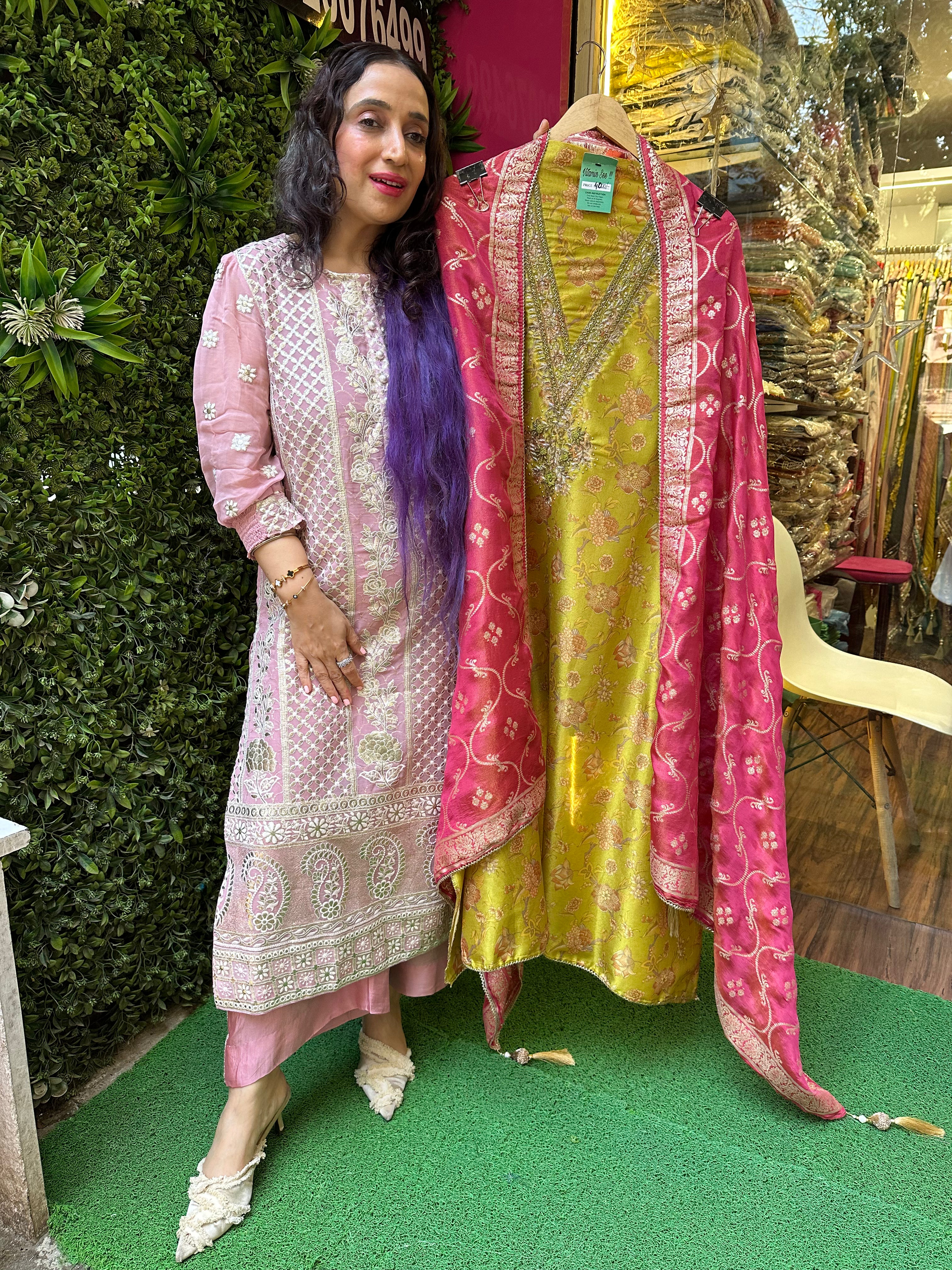 Unstitched Shimmer Silk Nalki Handwork Suits
